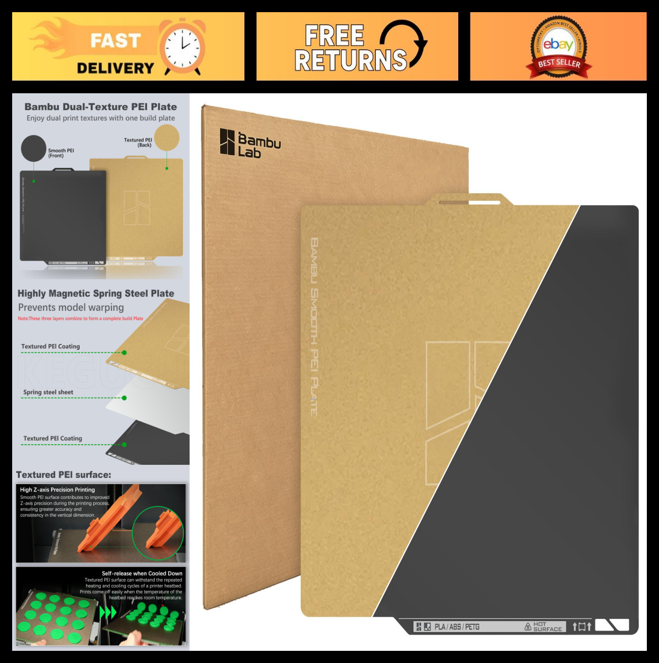 Dual-Sided Textured & Smooth 256x256mm Bamboo Build Plate, Magnetic Flexible She