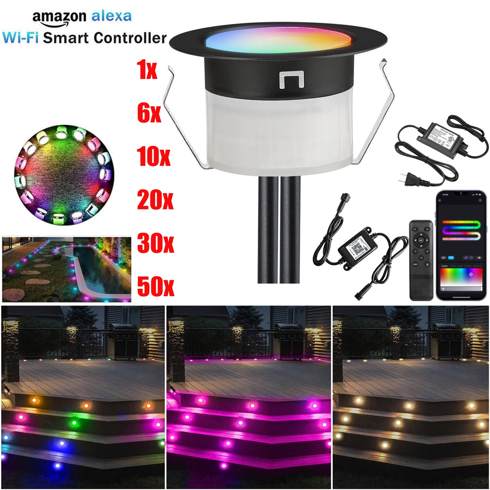 Smart RGBW+IC Φ1.77 Low Voltage Step Recessed LED Deck Lights Outdoor Lighting
