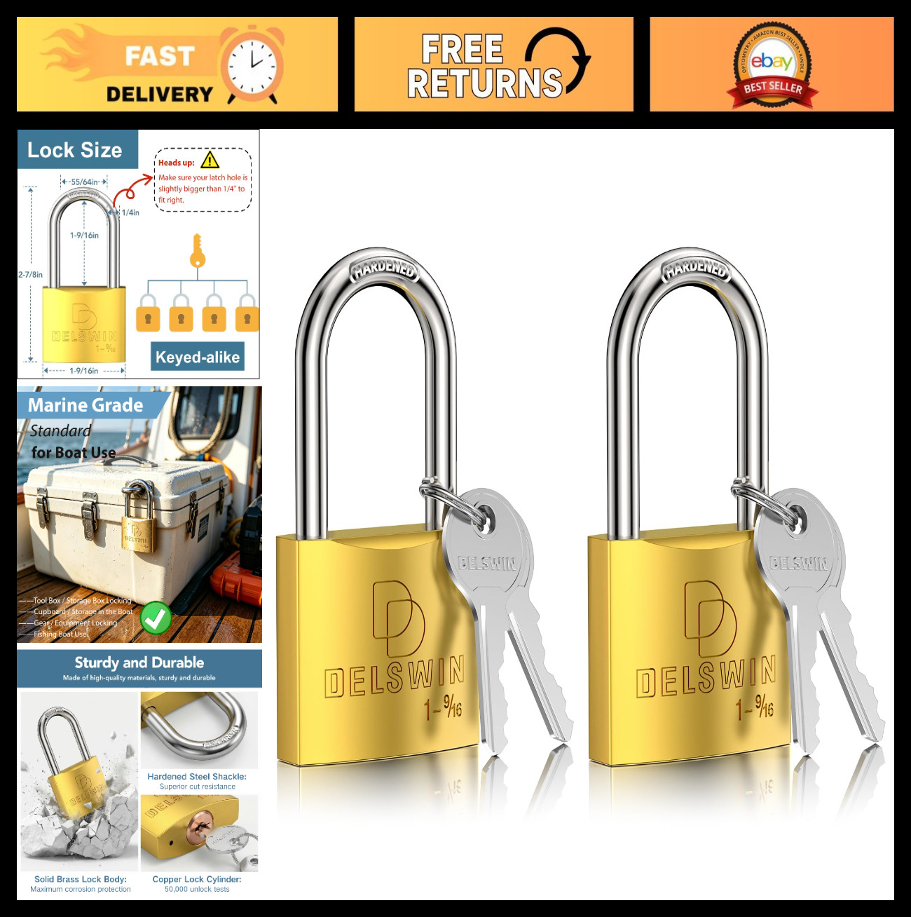 Heavy Duty Weatherproof Padlock with Key - Solid Brass, 1-9/16" Shackle, 2 Pack
