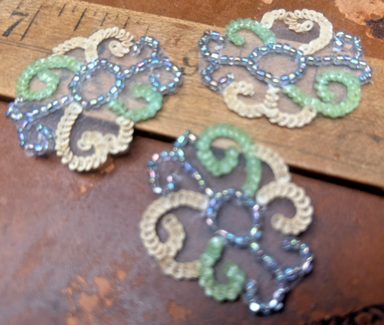 applique 1 1/2" beads scallop sequins hand sewn 1pc vanilla blue mint