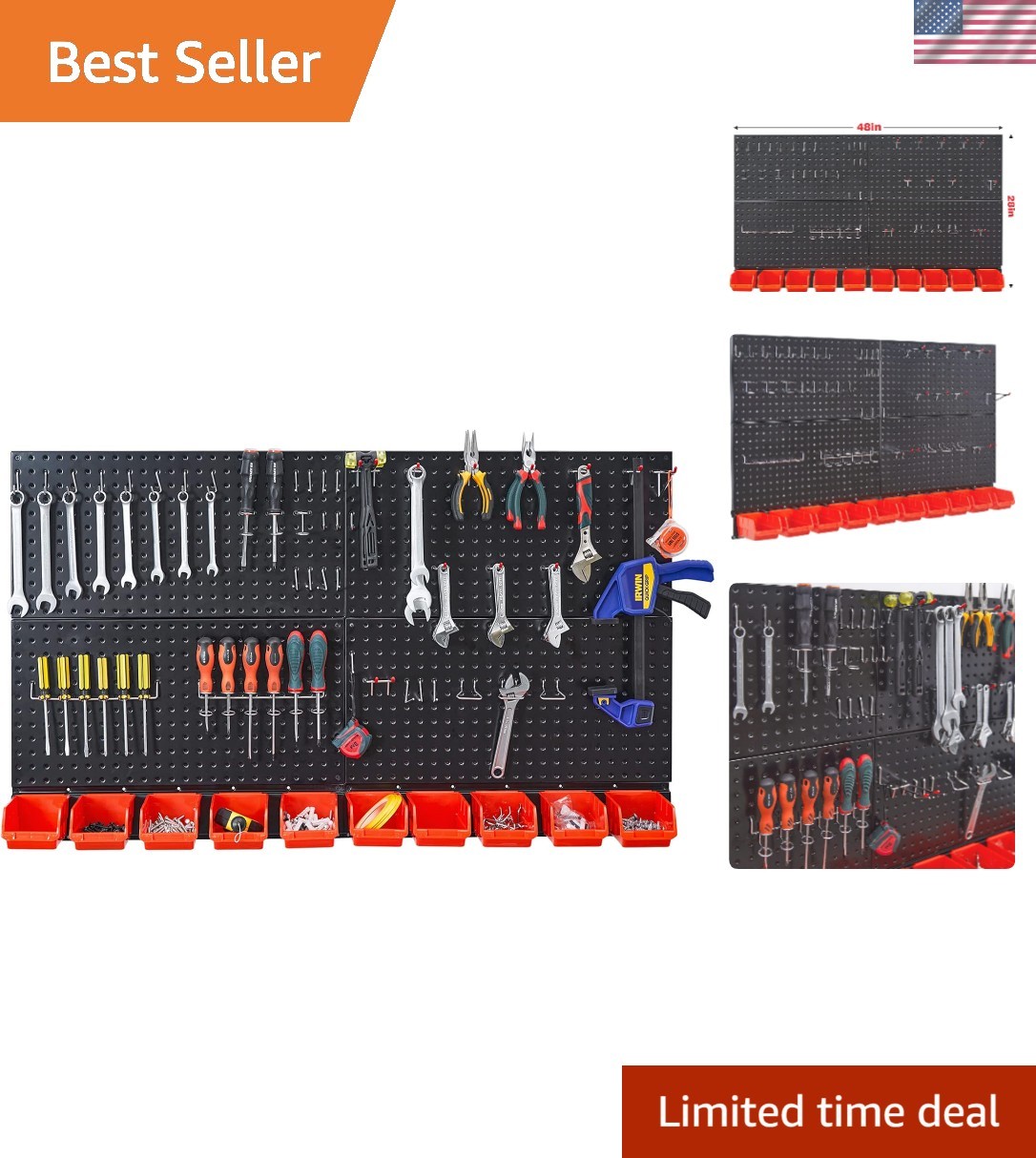 Expandable Garage Storage System with 4 Black Pegboards & Hooks - 59 Pieces