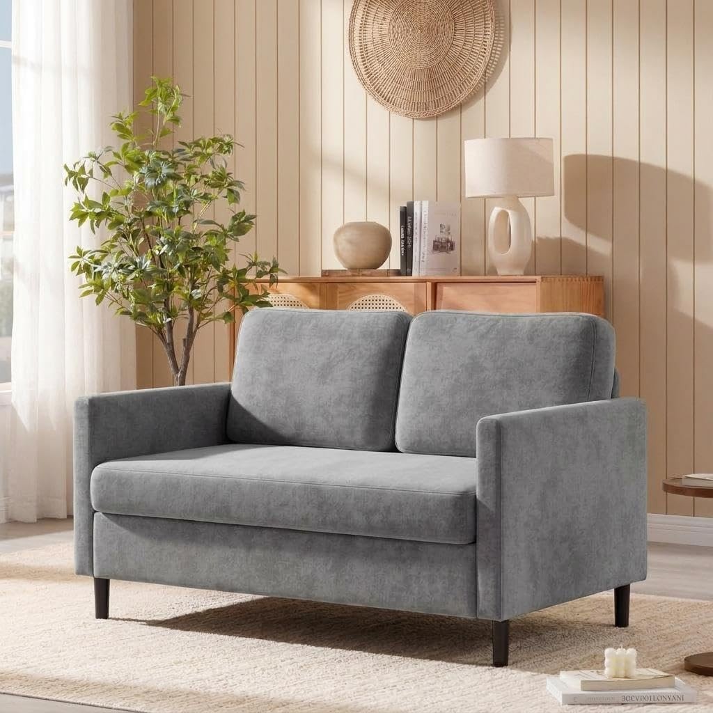 2-Seater Loveseat Sofa Compact Faux Linen Couch Wide Back Easy Assembly Home
