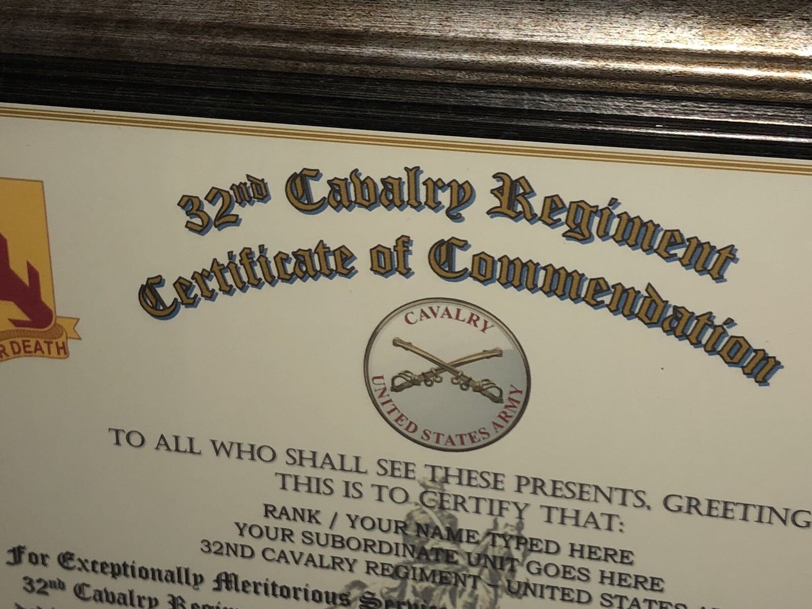 32ND U.S. CAVALRY REGIMENT / COMMEMORATIVE - CERTIFICATE OF COMMENDATION