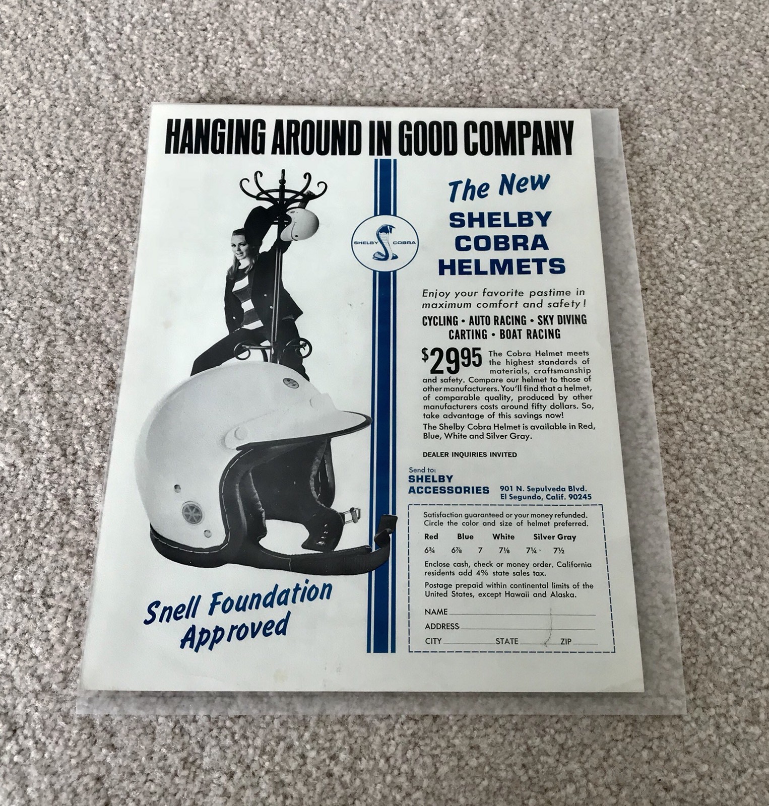 Original Shelby Cobra racing helmet sales flyer! 1968-1969 CS Shelby Autosport!