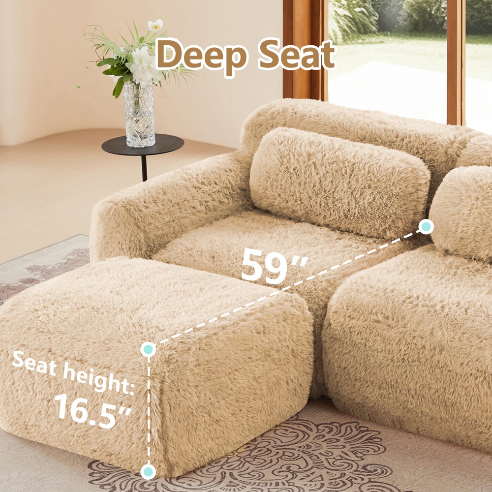 114'' Modular Sectional Sofa w/ Ottoman & Pillows, Plush Fabric, Light Khaki
