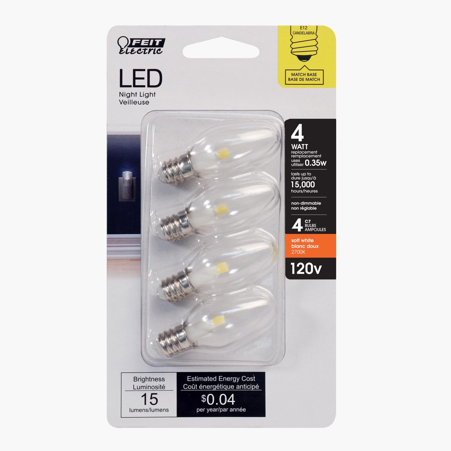 Feit Electric BP4C7/827/LED/4 120V 0.35W 2700K 15 Lumens LED Night Light Bulb