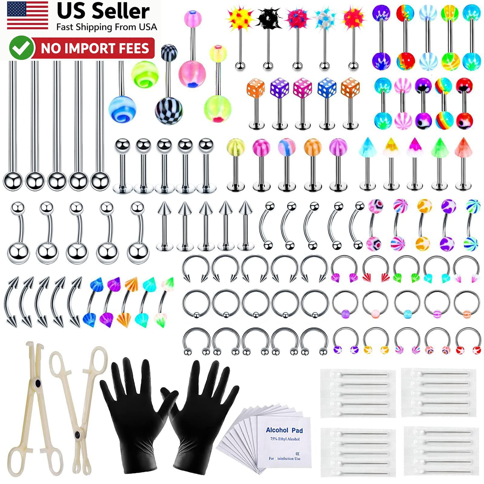 Complete 140PCS Piercing Kit 14G 16G Stainless Steel Tools Belly Nose Ear FRM US