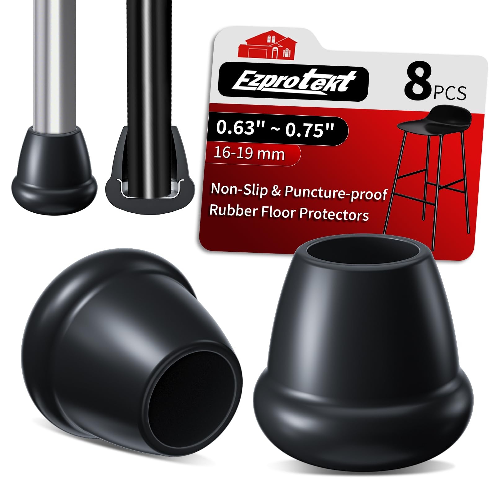 Ezprotekt 0.75" Round Rubber Chair Leg Caps, 8 S(Fit: 0.63" - 0.75"), Black