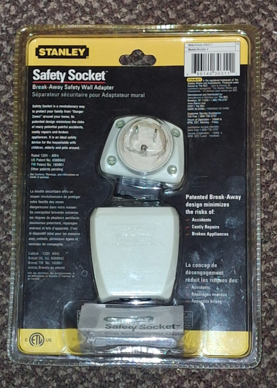 Stanley Safety Socket Break Away Safety Wall Adapter - unopened still sealed