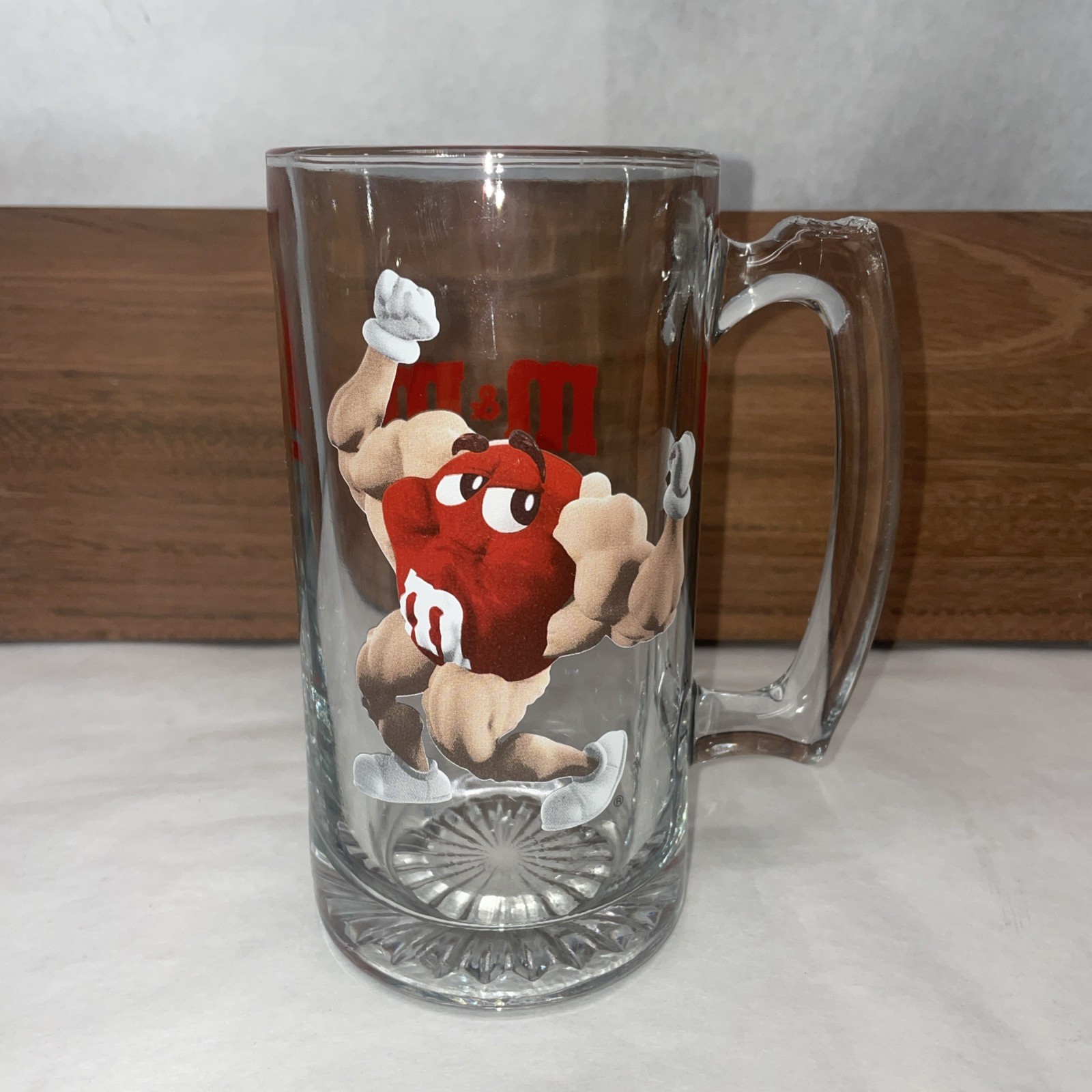 Vtg M&M World Red Muscle Mug Stein Glass with Handle Las Vegas 7”