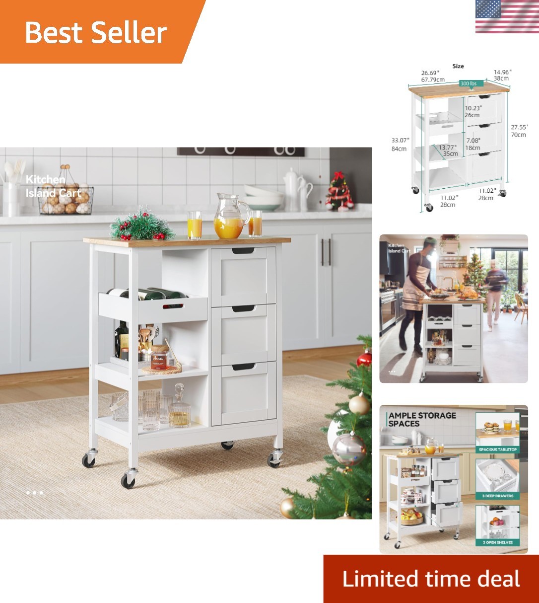 Versatile Kitchen Island Cart with 3 Storage Drawers – Perfect for Dining Rooms