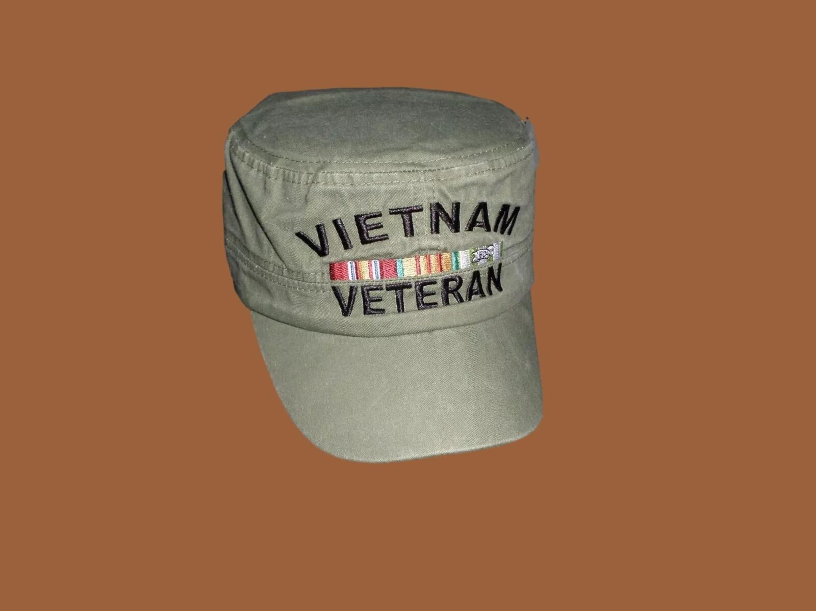 U.S MILITARY VIETNAM VETERAN HAT FLAT TOP OD GREEN BALL CAP VIETNAM RIBBONS