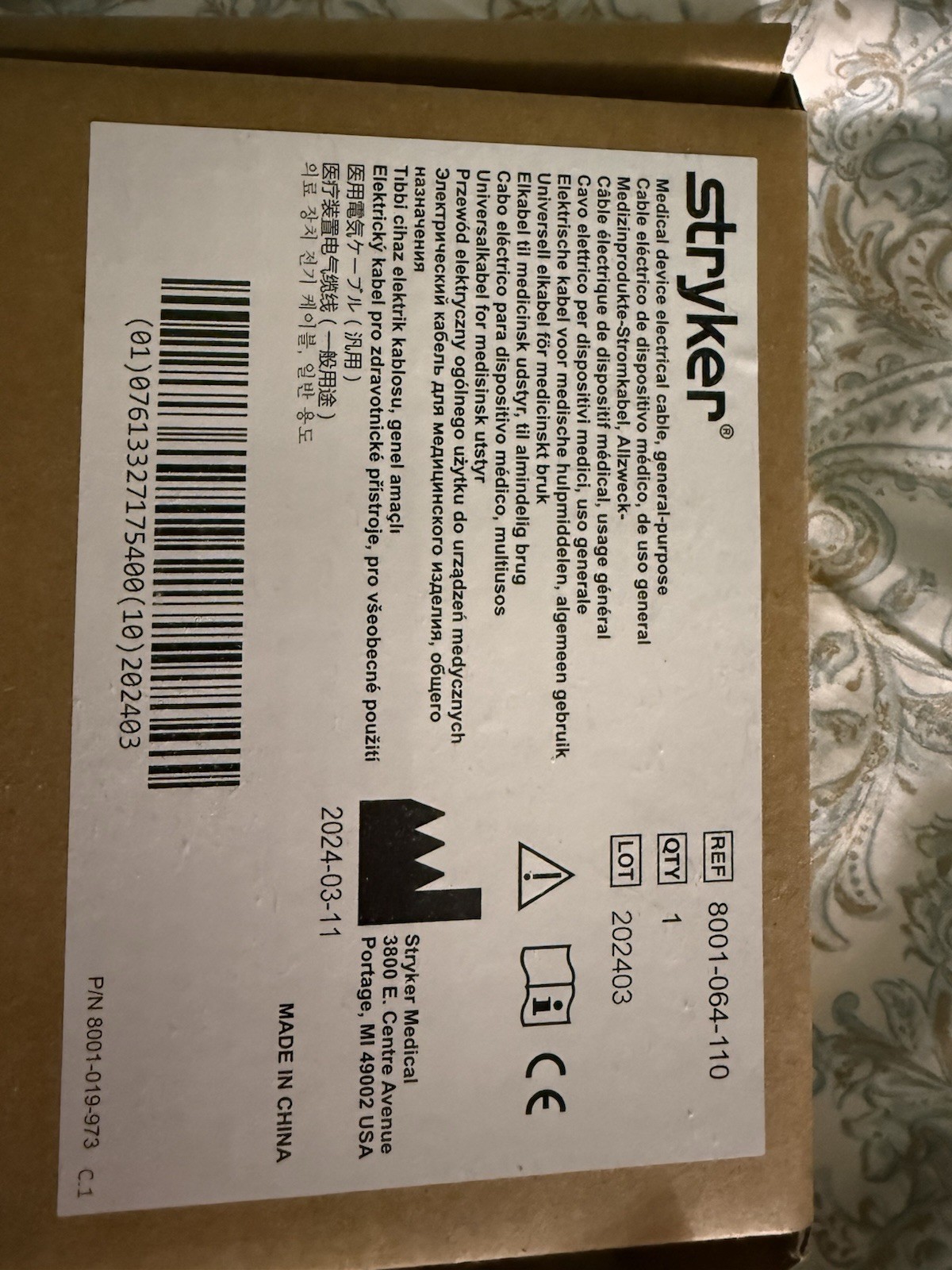 Stryker Temperature Adapter Cable Altrix NIB Temperature management 8001-064-110