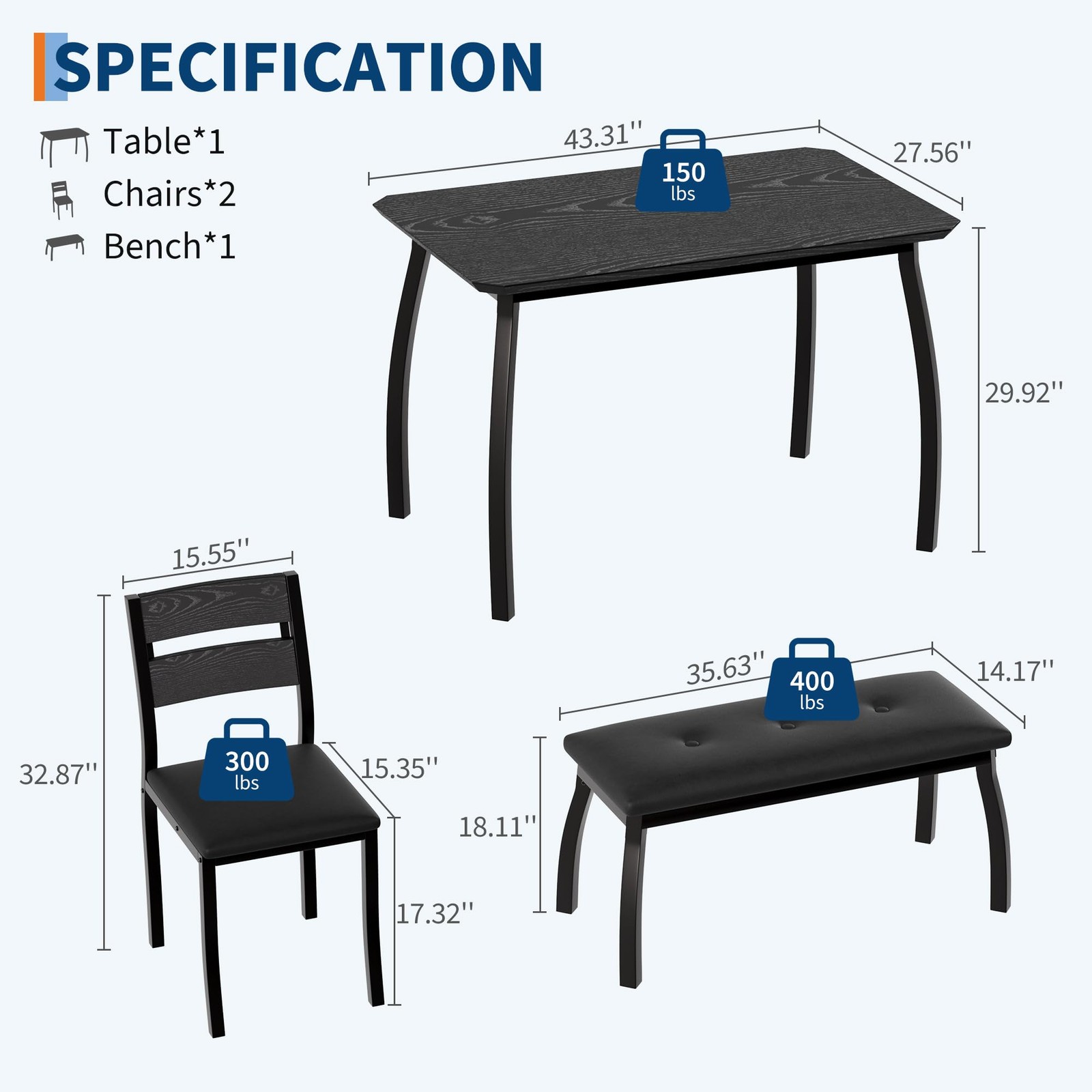 43 Inch 4 Piece Kitchen Table Set with Bench & 2 Cushion Chairs for Small Studio