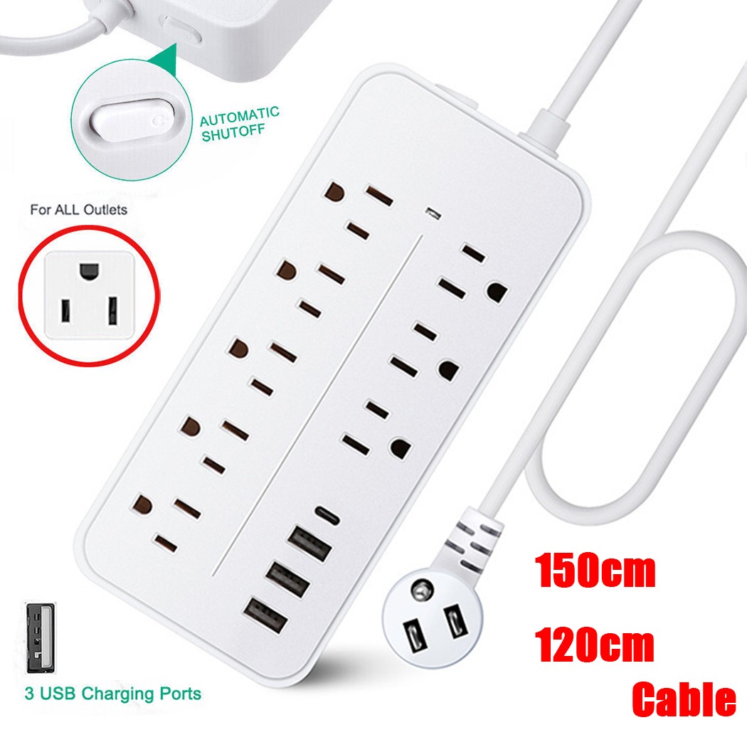 US Power Strip Surge Protector 8 AC Outlets 3 USB Ports + Type C Ports 150-120cm