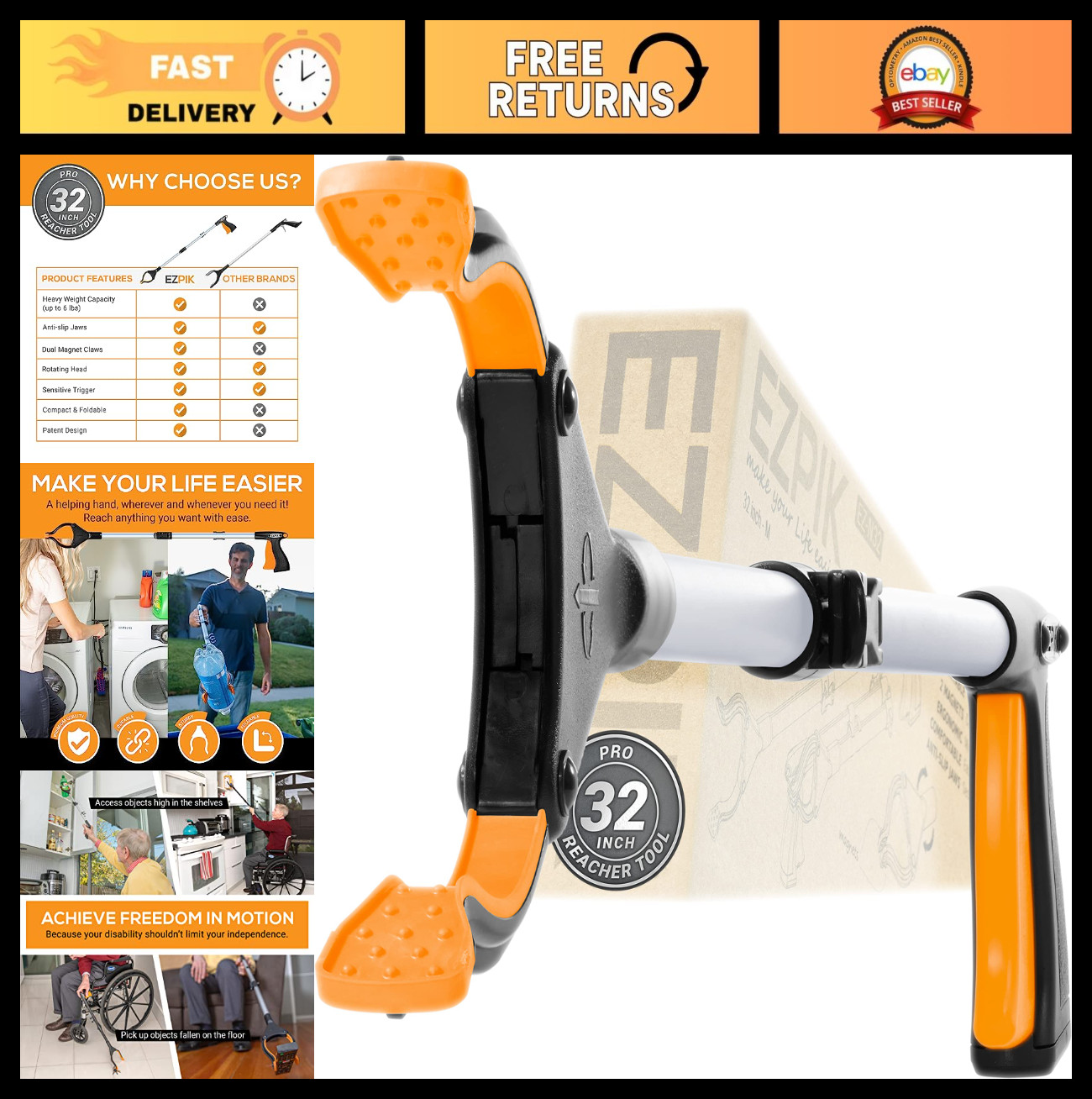 32" Foldable Grabber Reacher Tool - Heavy Duty Pickup Stick for Seniors & Elderl