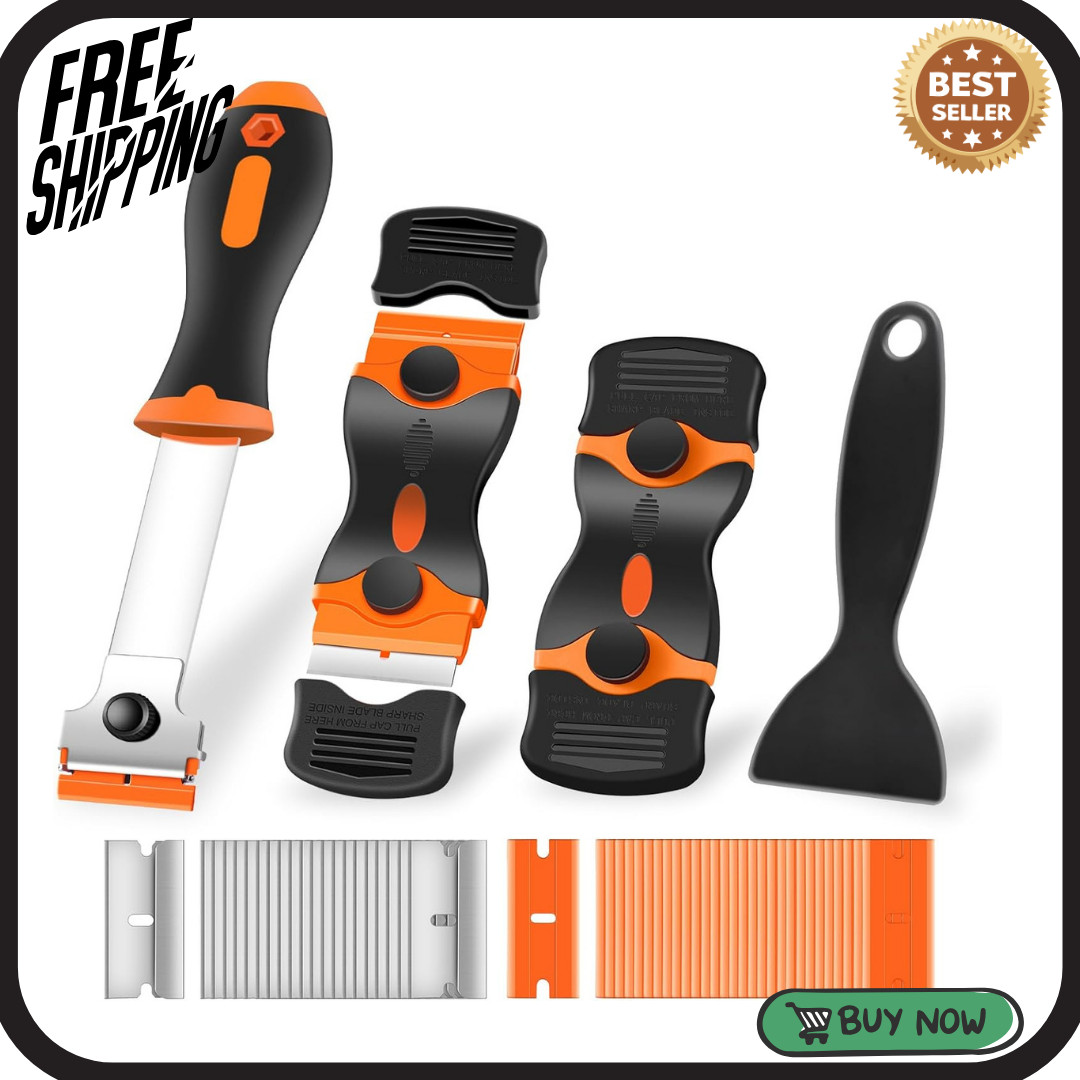 4 Pack Razor Blade Scraper, Premium Cleaning Scraper Tool with 50 PCS Metal & Pl