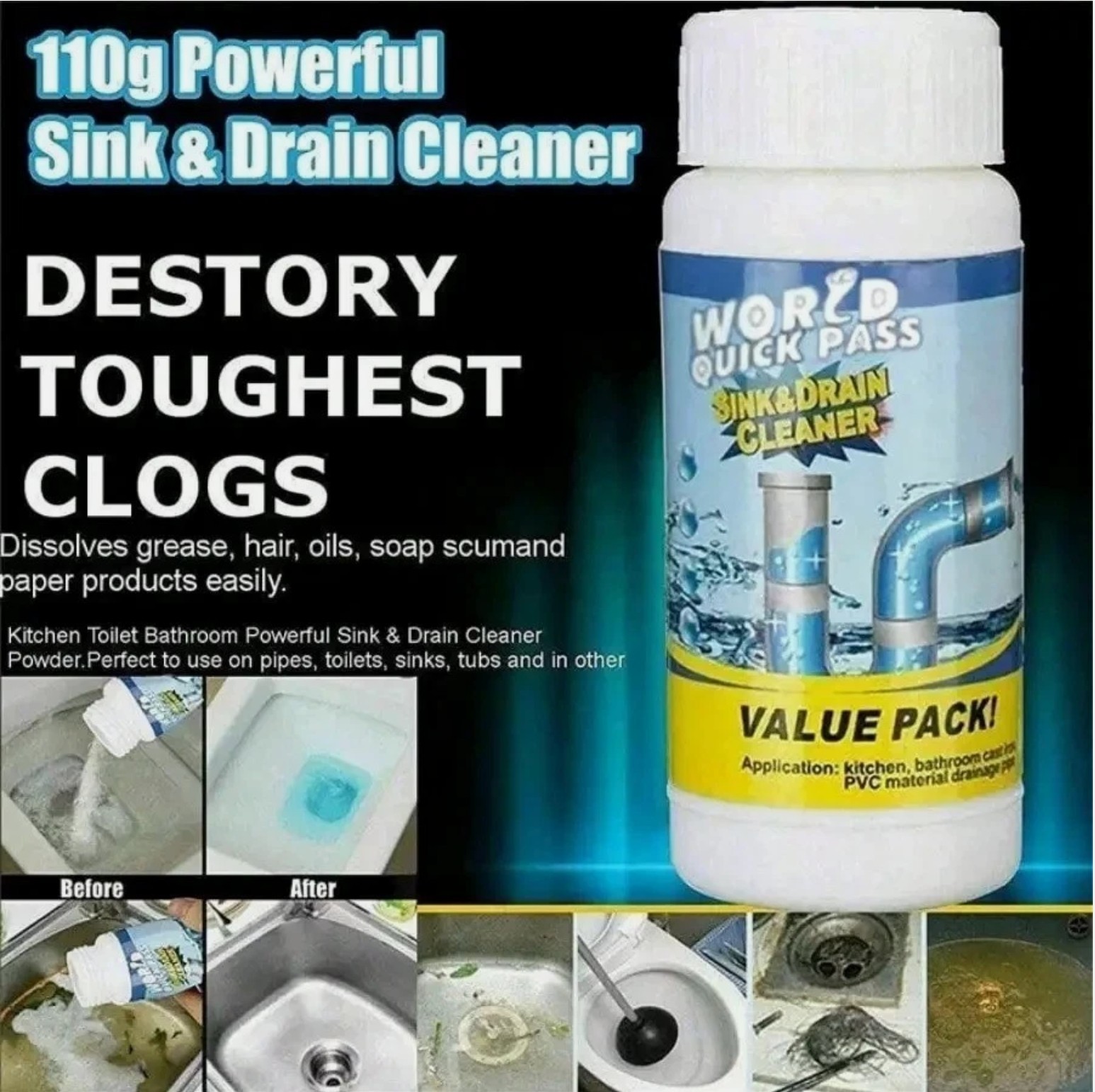 4 Pack WILD Tornado Sink & Drain Cleaner Powerful Drain Opener PVC Kitchen Bath