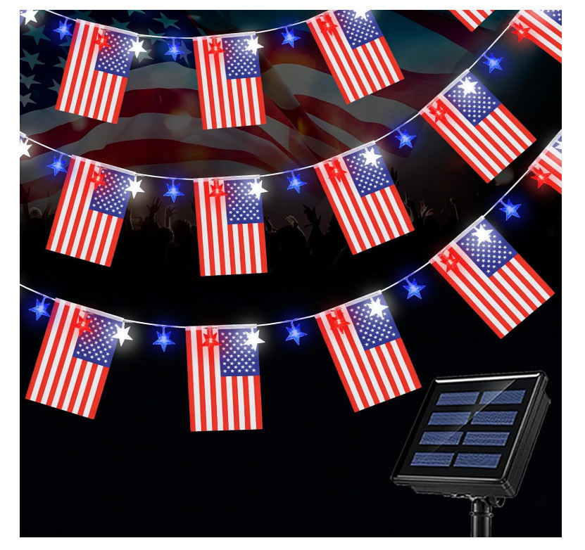 HUGSVIK 60 LED Solar Flag Lights 20 USA Flags 8 Modes Waterproof Outdoor Decor