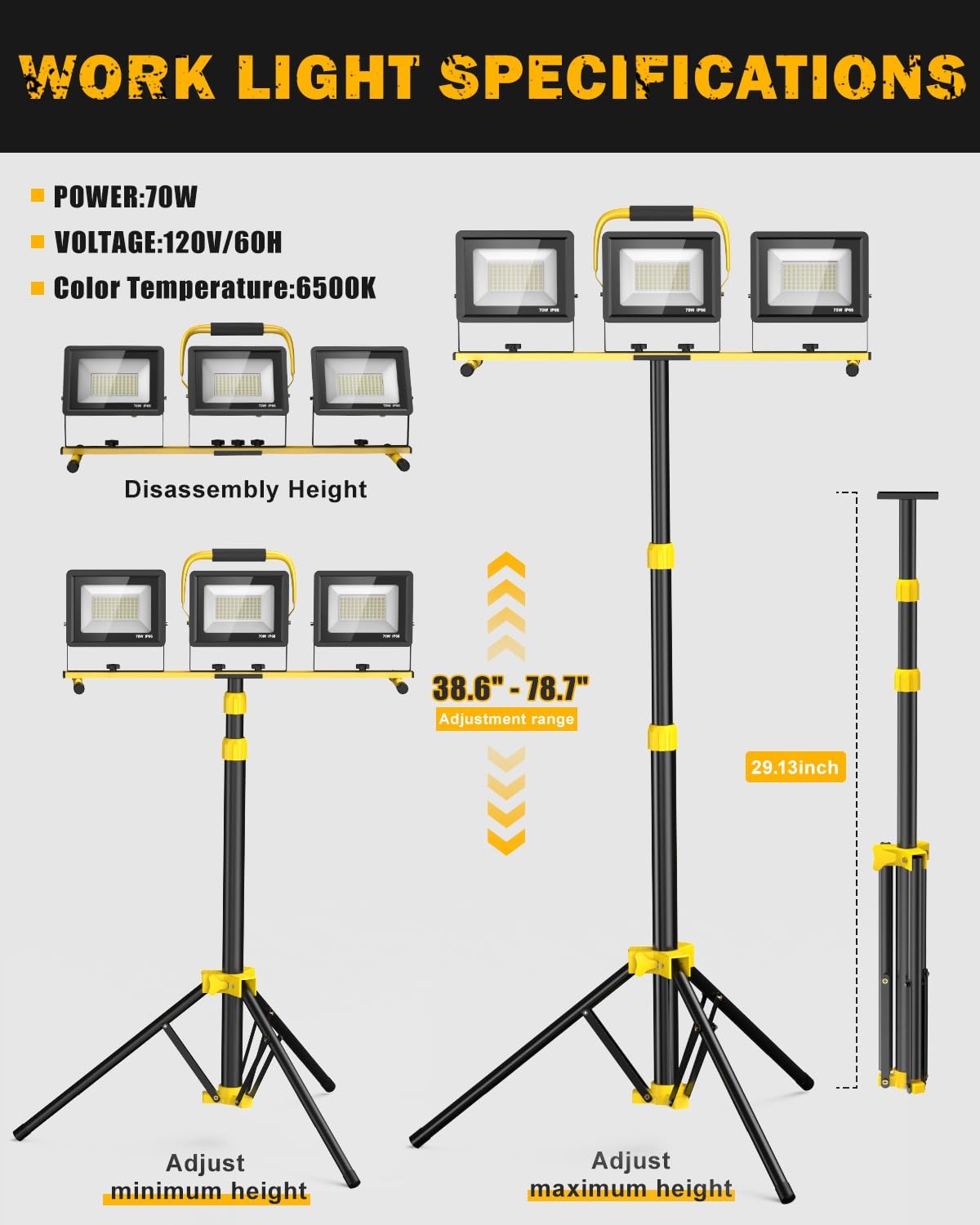 LED Work Light with Stand, 21000 Lumens Super Bright, 3-Head Adjustable Const...