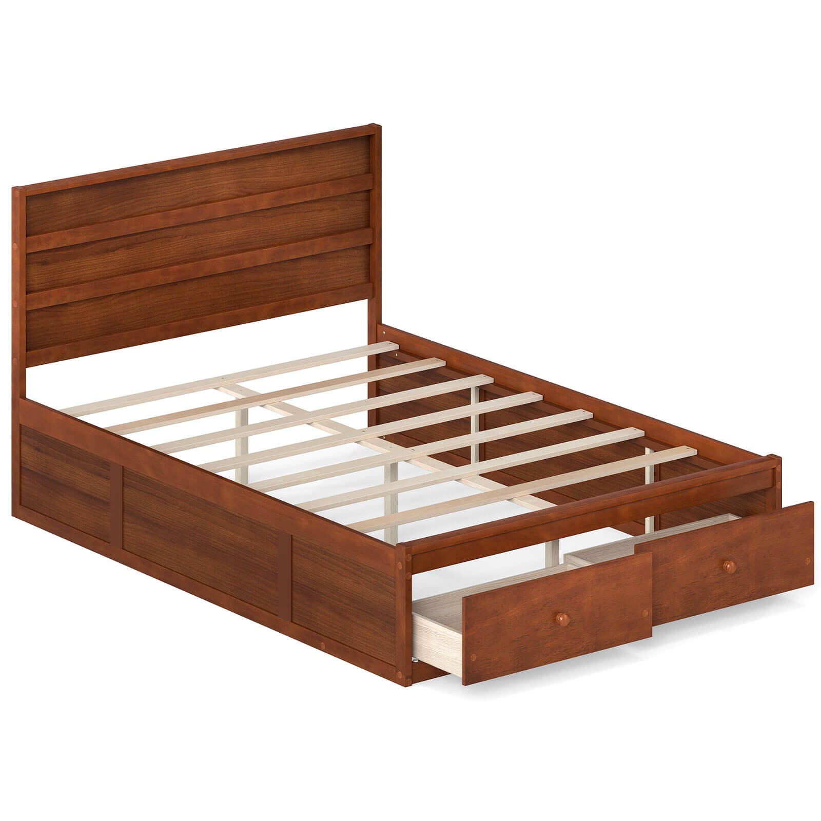 Full Size Bed Frame w/Storage Drawers, Headboard, Wooden Slat Support, Walnut