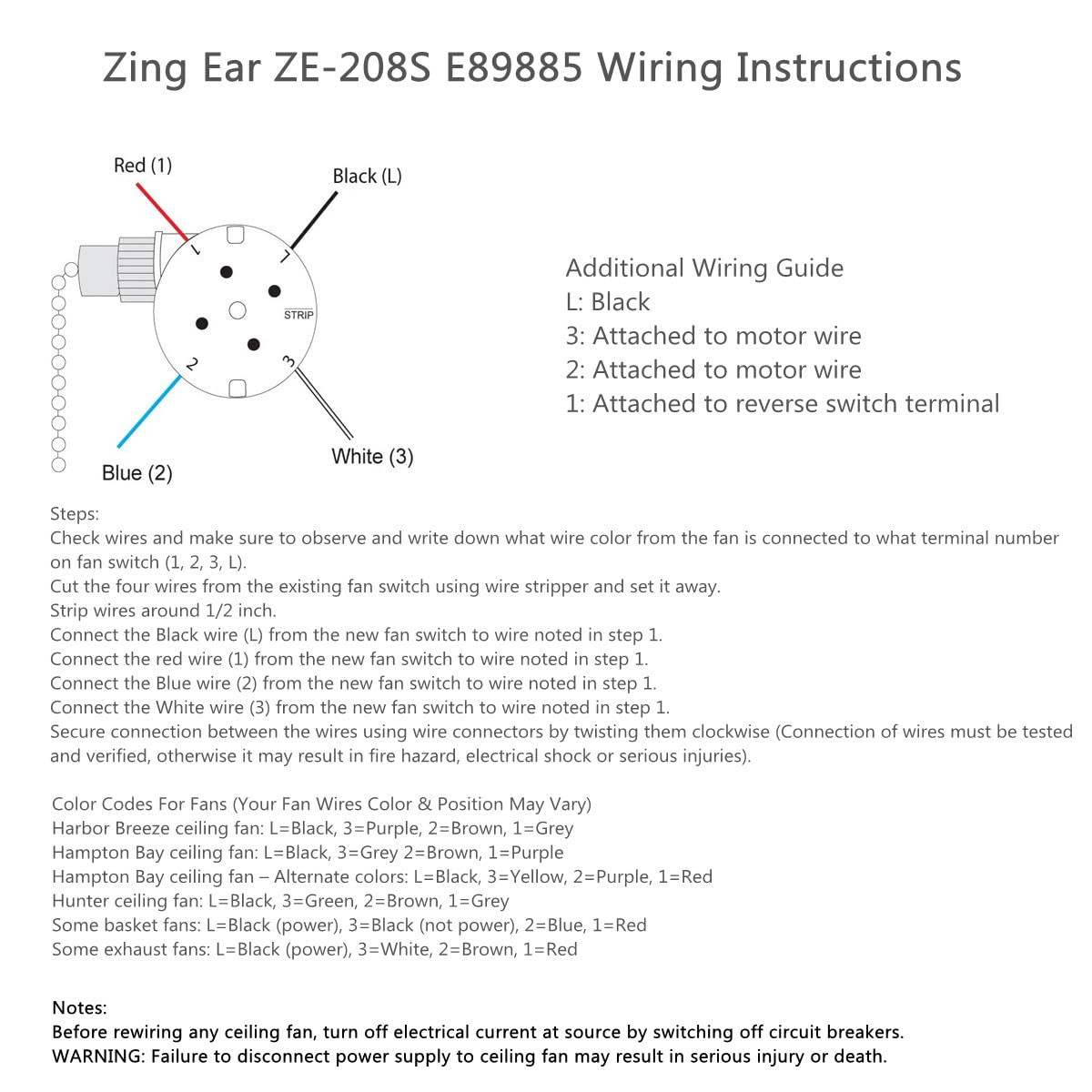 Zing Ear ZE-208S 3 Speed 4 Wire Fan Switch - Pull Chain Speed Control Switch for