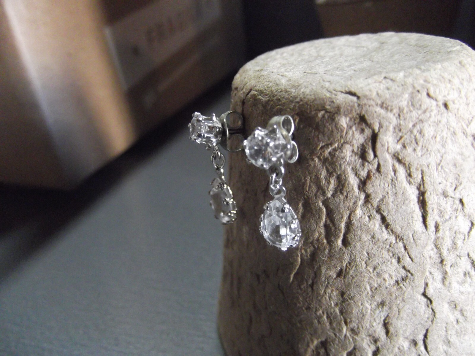 1 Pair Old .75"in White Glass Sparkly w/ Teardrop Dangle Stud