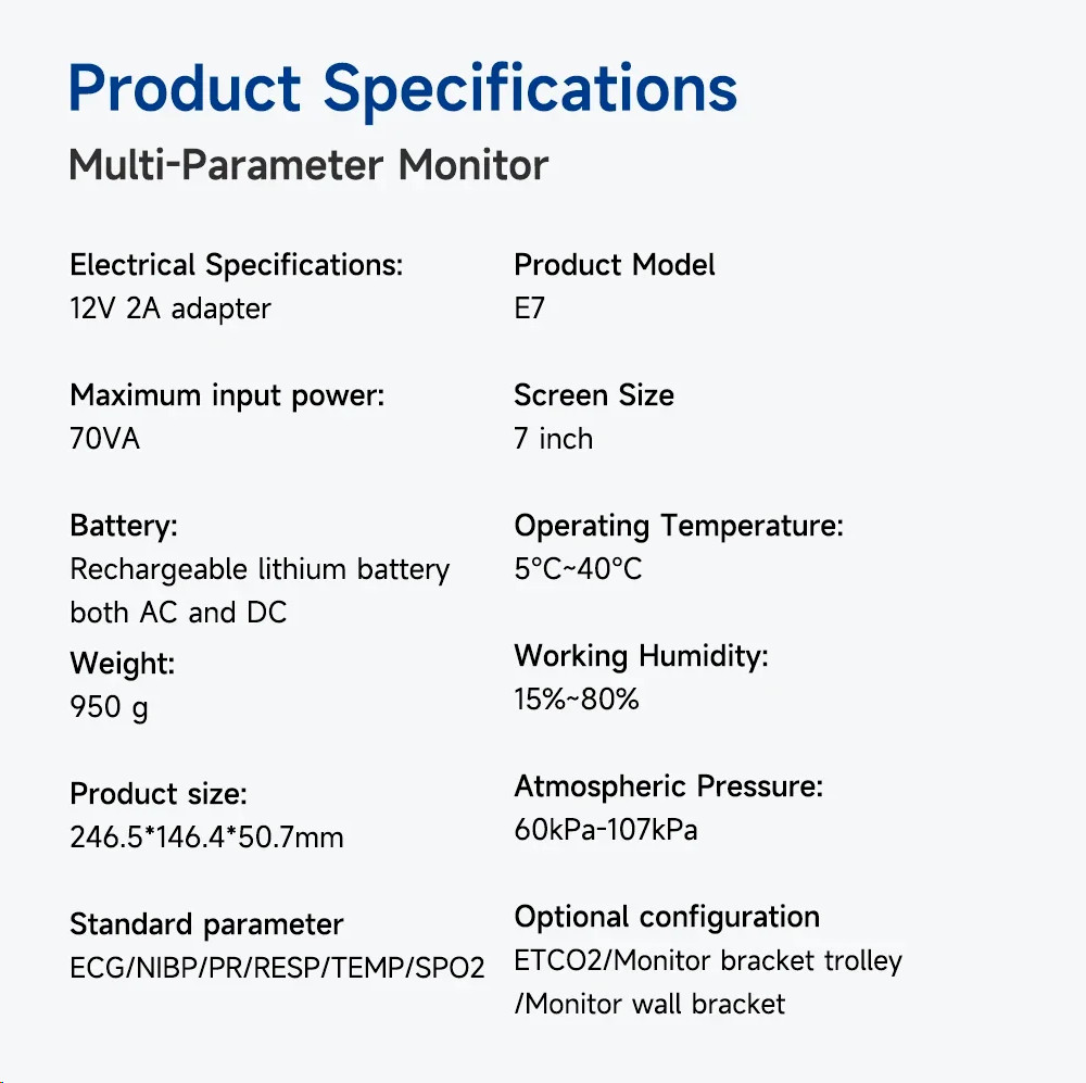 7 Inch Touch Screen Portable Multi-parameter Patient Monitor Vital Signs Monitor