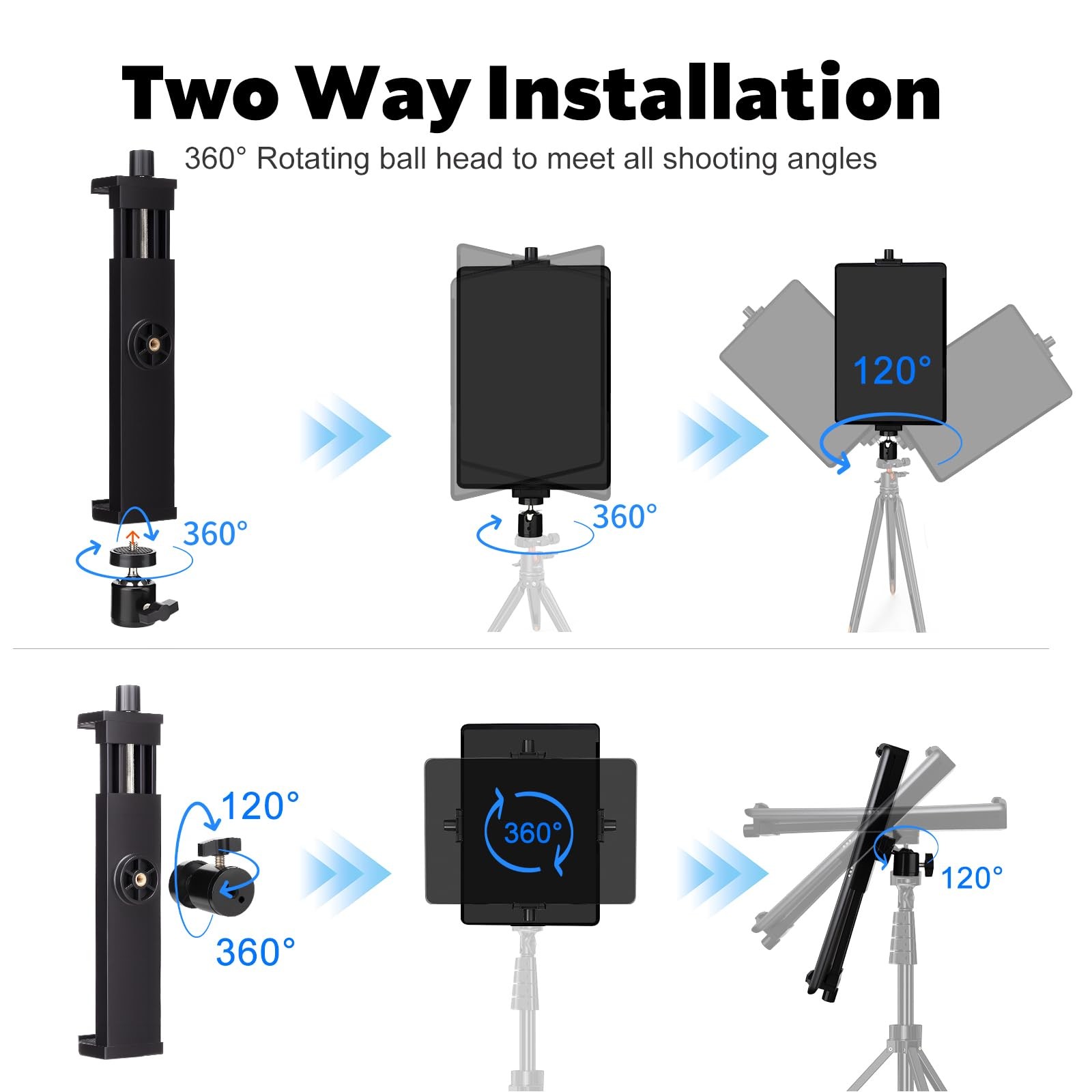 iPad Tripod Mount Adapter with Ball Head, Universal 360 Rotatable Tablet Clam...