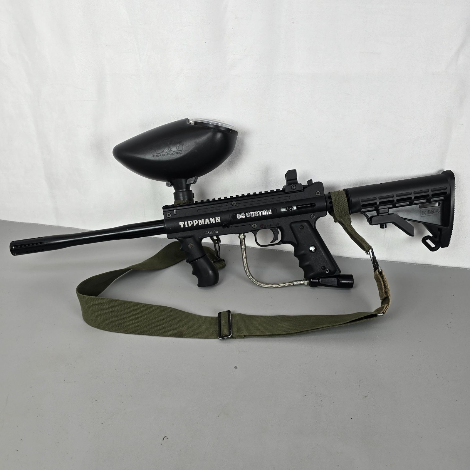 Tippmann 98 Custom Paintball Gun With RAP4 Stock & Gen X Global Hopper