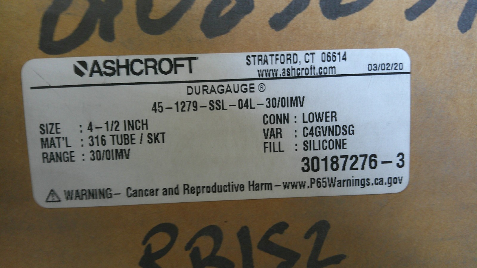 New Ashcroft Duragauge 30187276-3 30/0IMV 4.5" LM