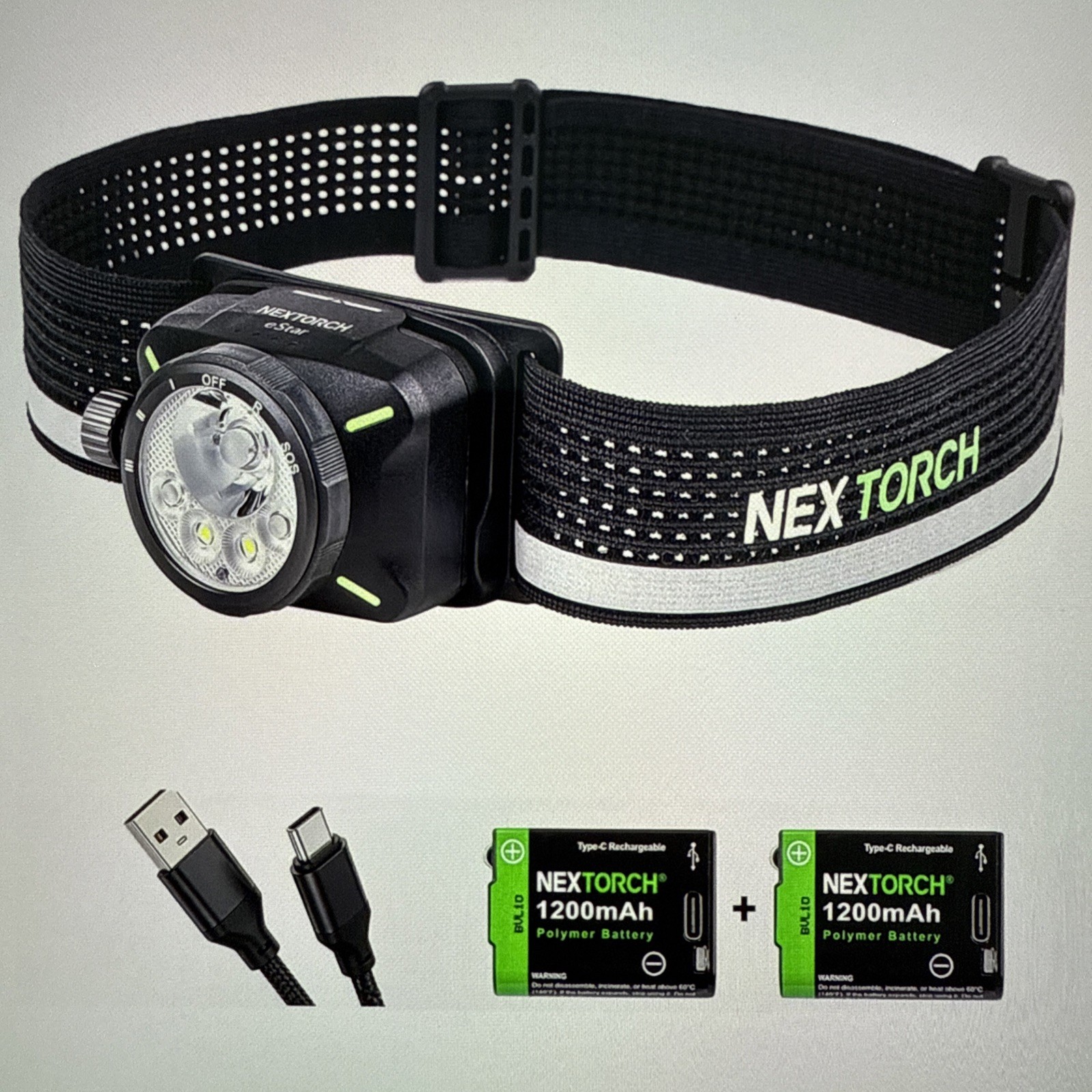 NexTorch eStar 1300 Lumens Headlamp, 2 1200mah batteries, rechargeable, 5 Modes