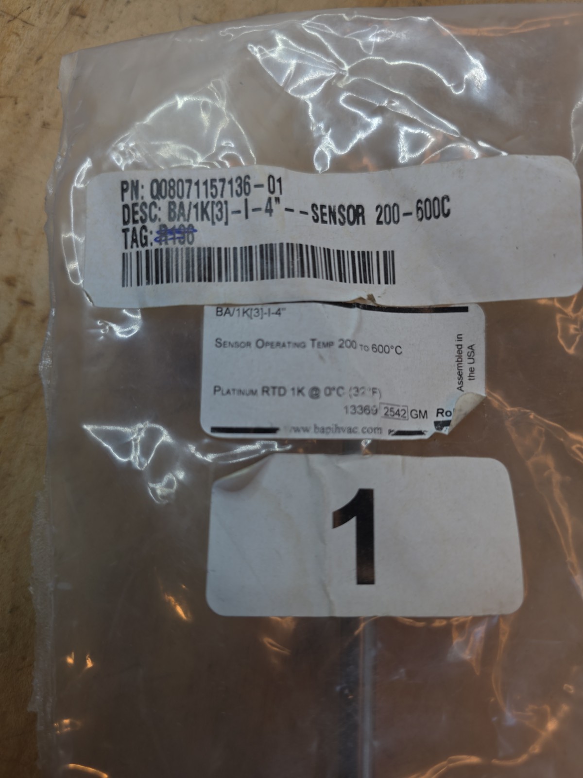 BAPI BA/1K3-I-4" Hydronic Immersion Temperature Sensor 1K Ohm Pt RTD 4"