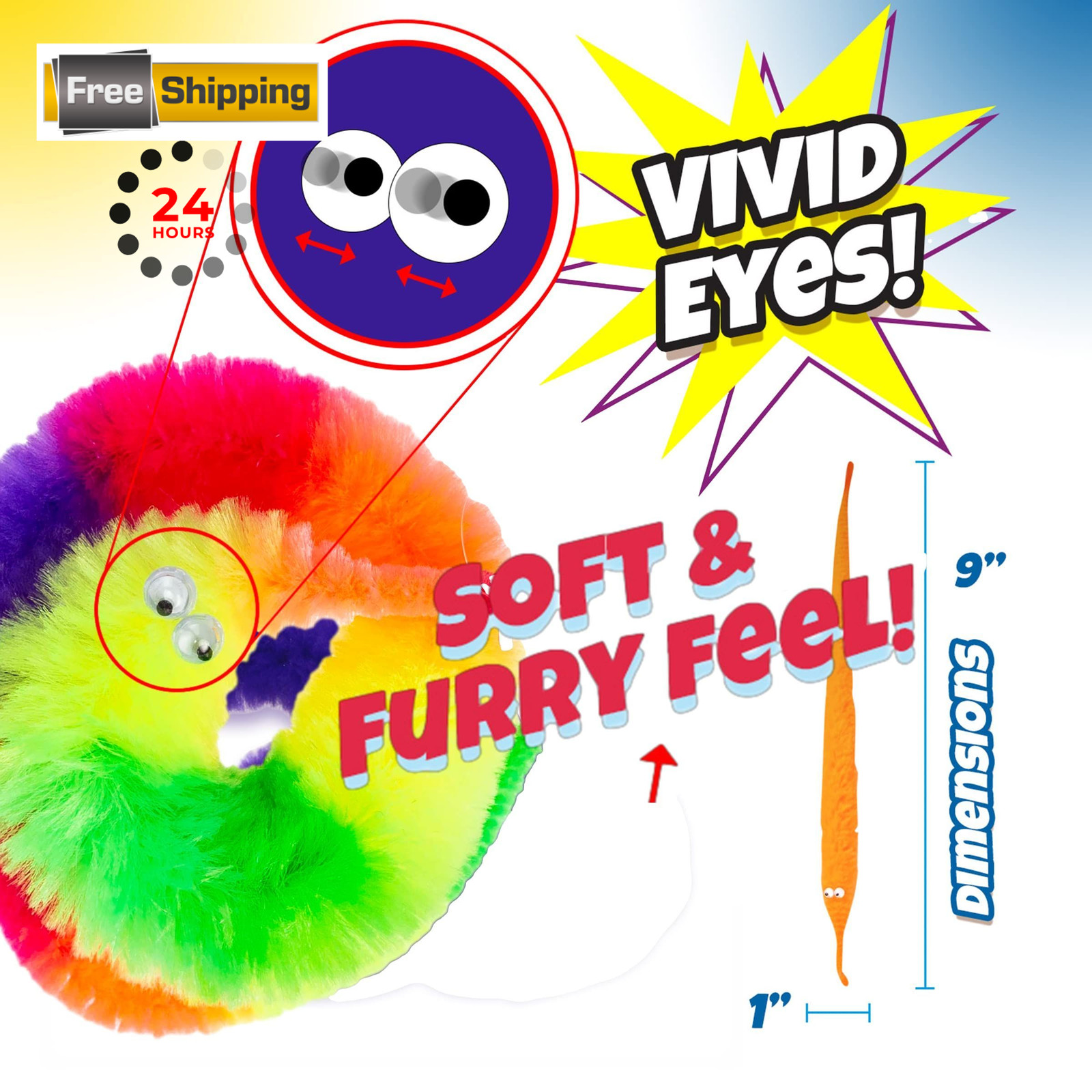 JA-RU Fuzzy Worm Fidget Toy with String Attached (1 Pack) 1 Pack, Multicolor