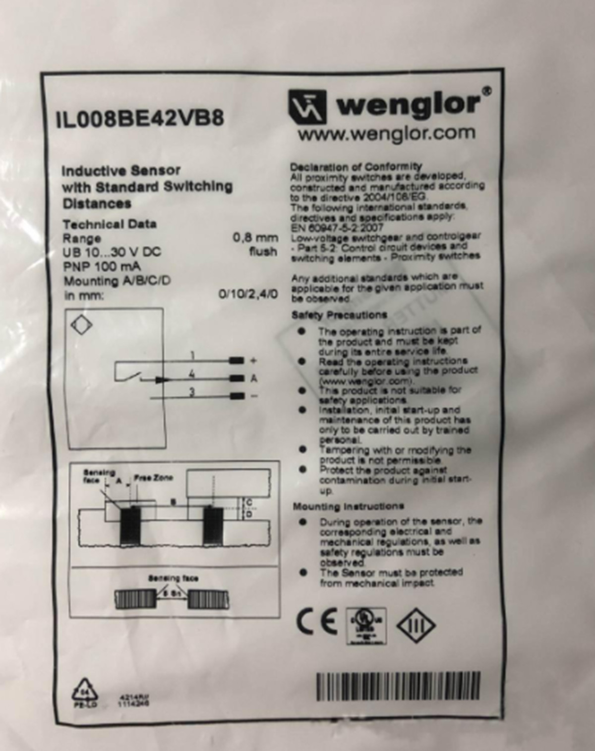 NEW WENGLOR IL008BE42VB8 Proximity Switch