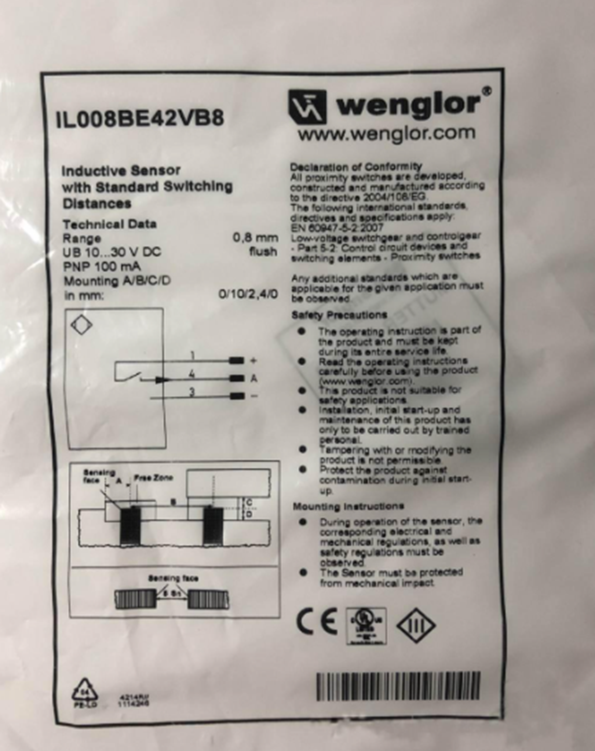 NEW WENGLOR IL008BE42VB8 Proximity Switch
