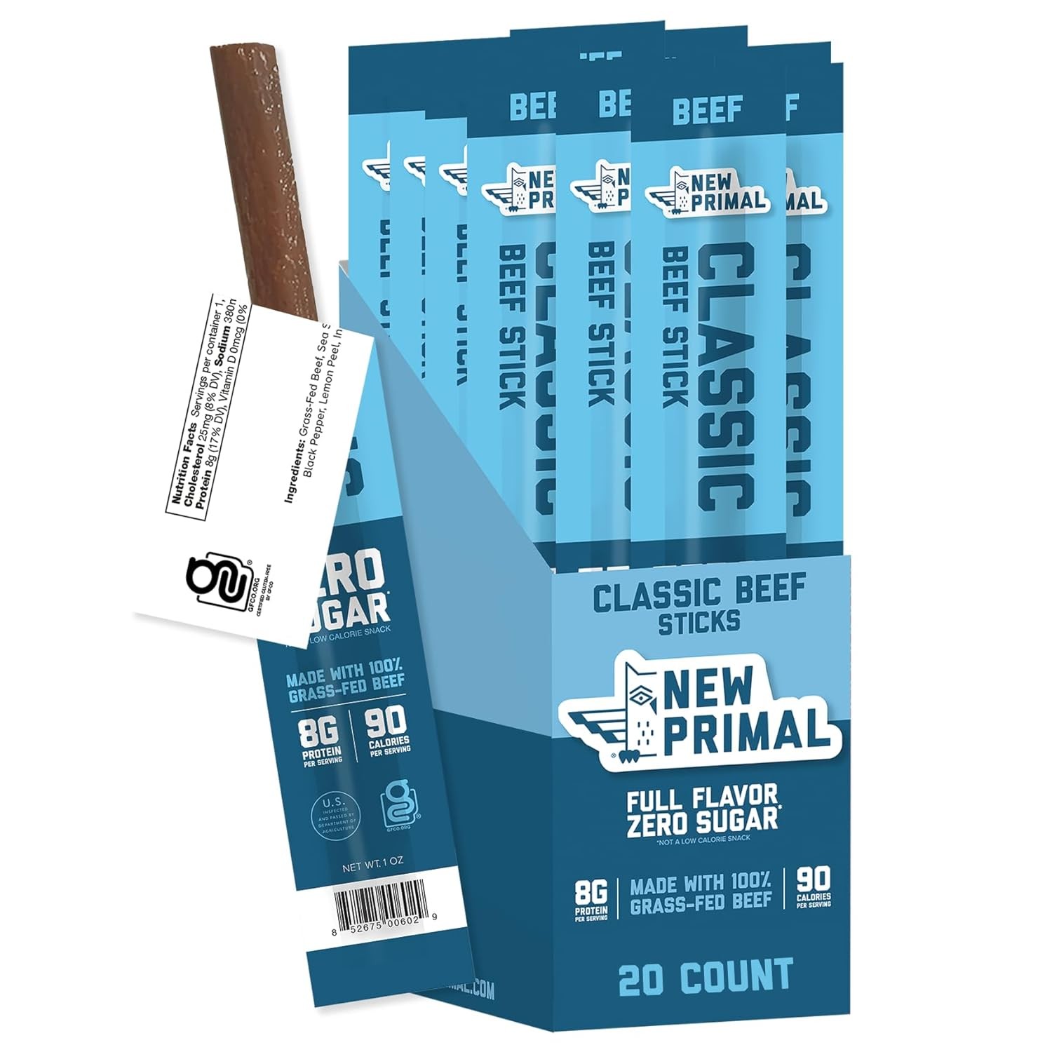 The New Primal Grass Fed Beef Sticks, Keto, Gluten Free 1 Ounce (Pack of 20)