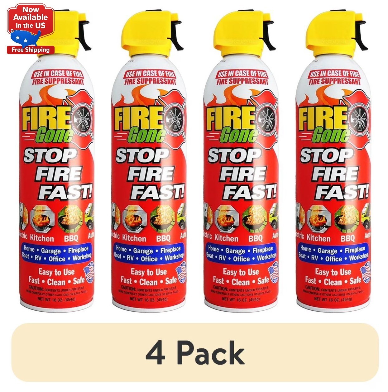 (4 pack) Fire Gone 16 oz Fire Extinguishing Spray - Aerosol Can -FFF-Foaming Age
