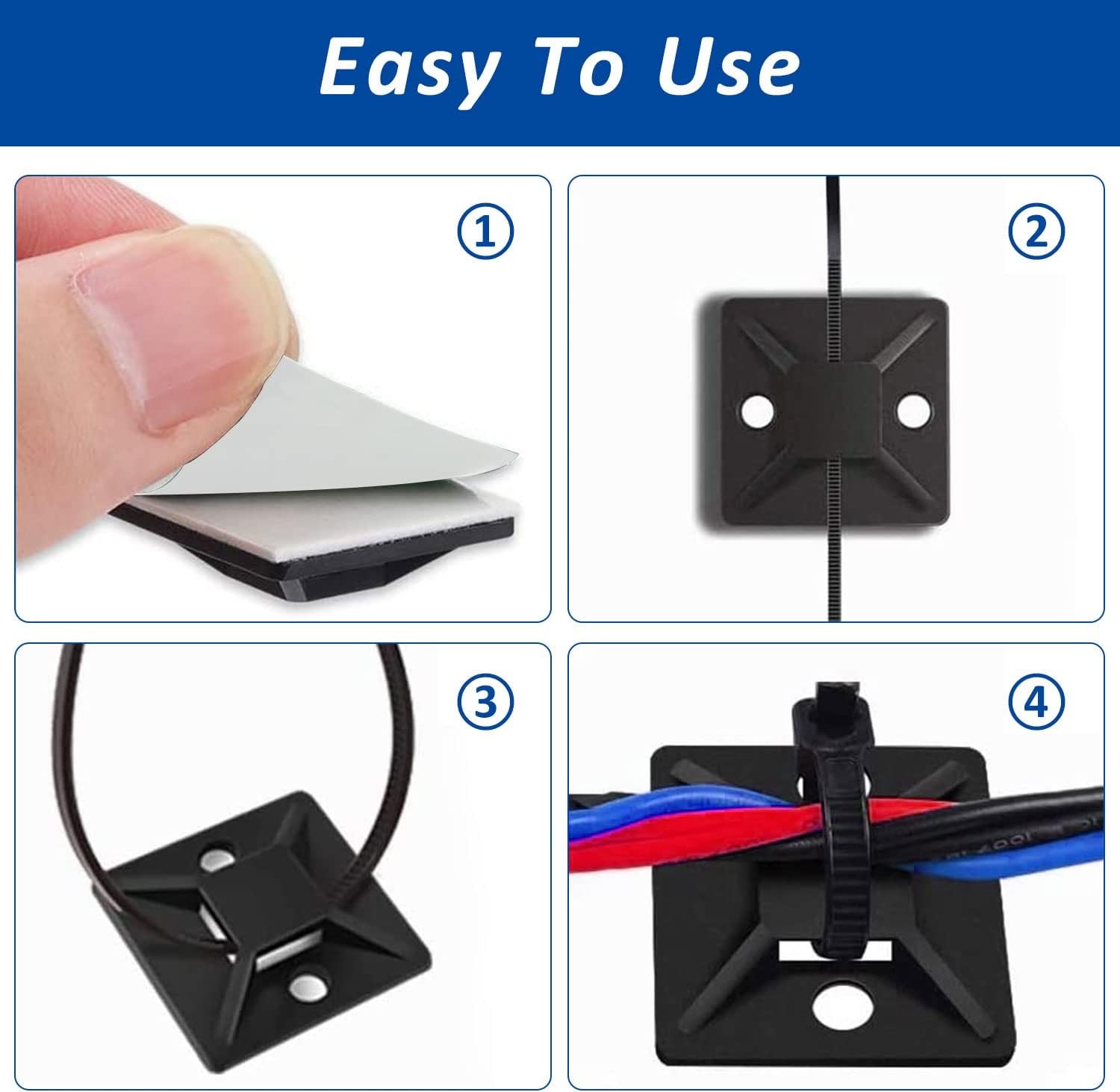 50 Set Self-Adhesive Cable Zip Tie Mounts with 6 Ties, Wire Organizer Clips