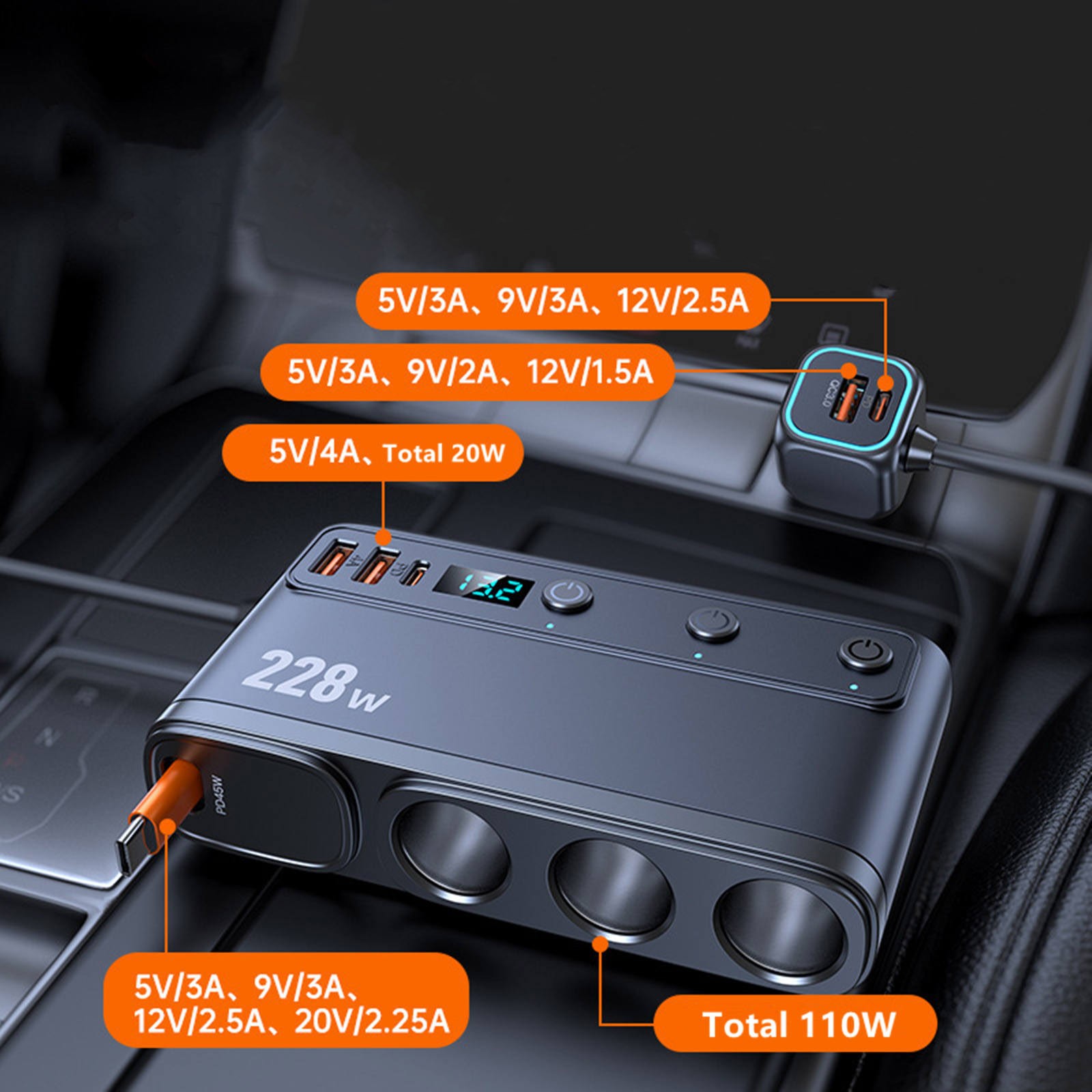 For Truck 9-in-1 Cigarette Lighter Charger 3 Sockets 6 USB Ports 228W Display