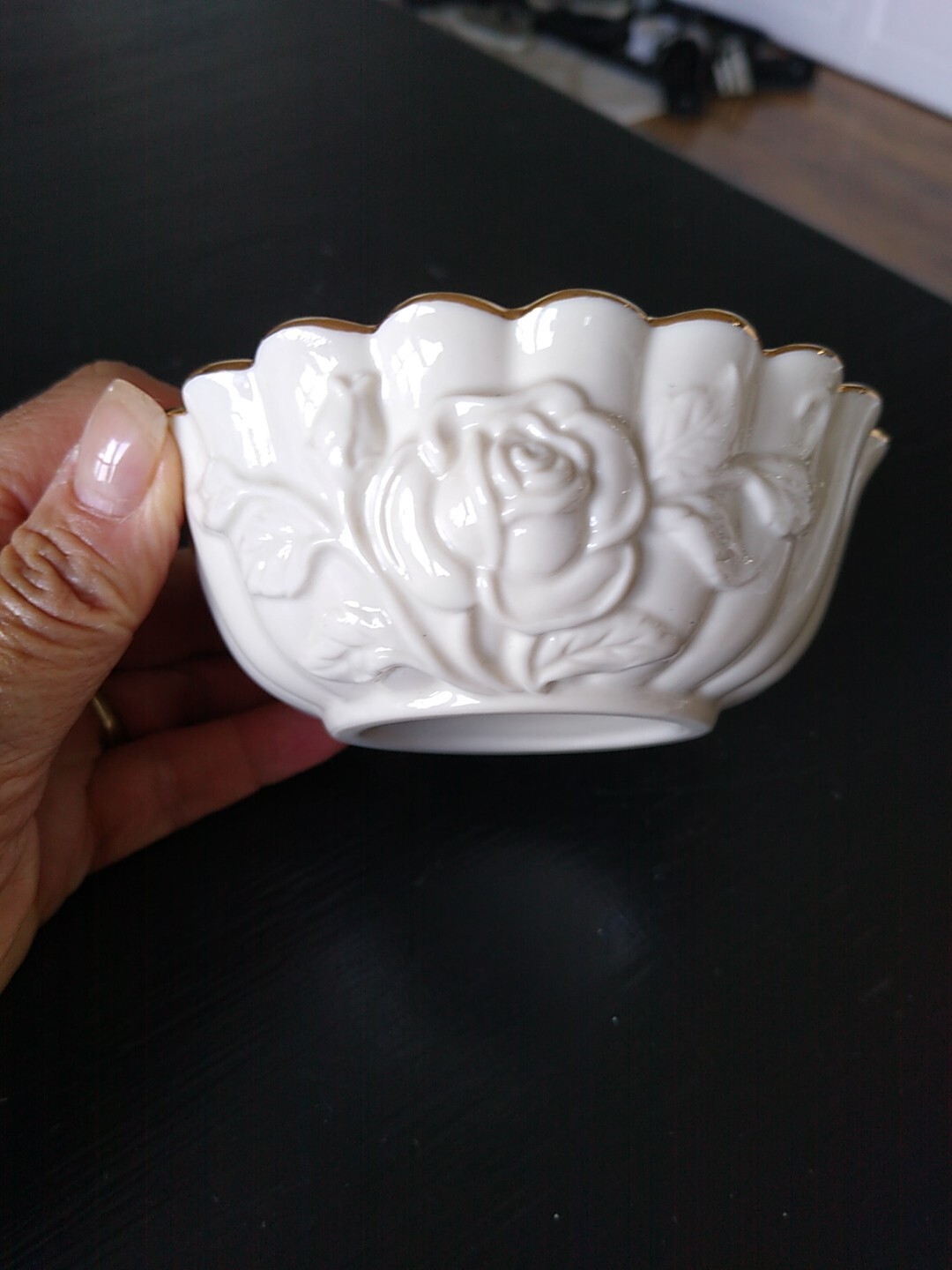 Vintage LENOX Small Trinket Bowl Embossed Roses Gold Trim 4"