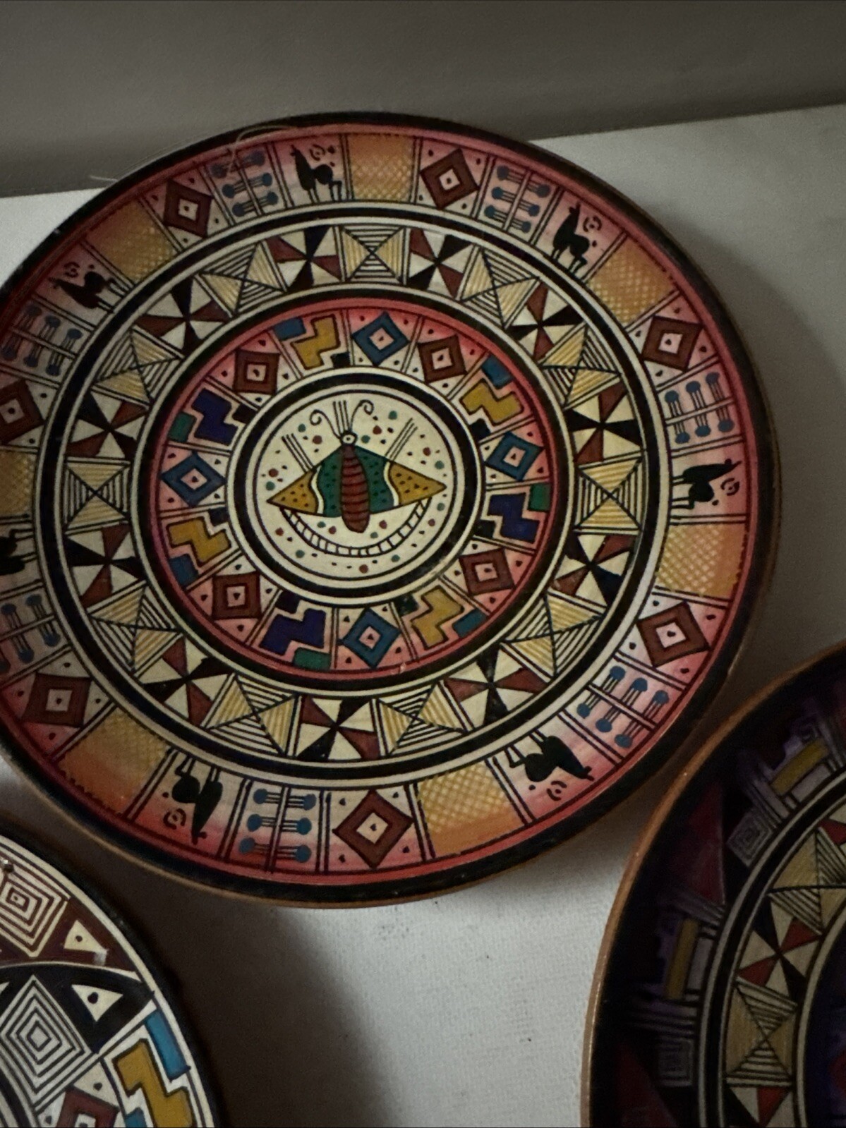 Vintage Hand Painted Redware Llama Plate Wall Hanging PERU