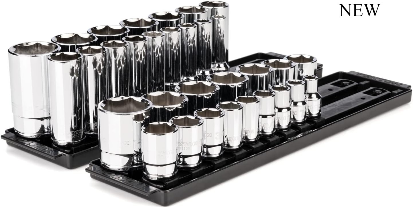 TEKTON 1/2 Inch Drive 6-Point Socket Set with Rails and Trays, 32-Piece