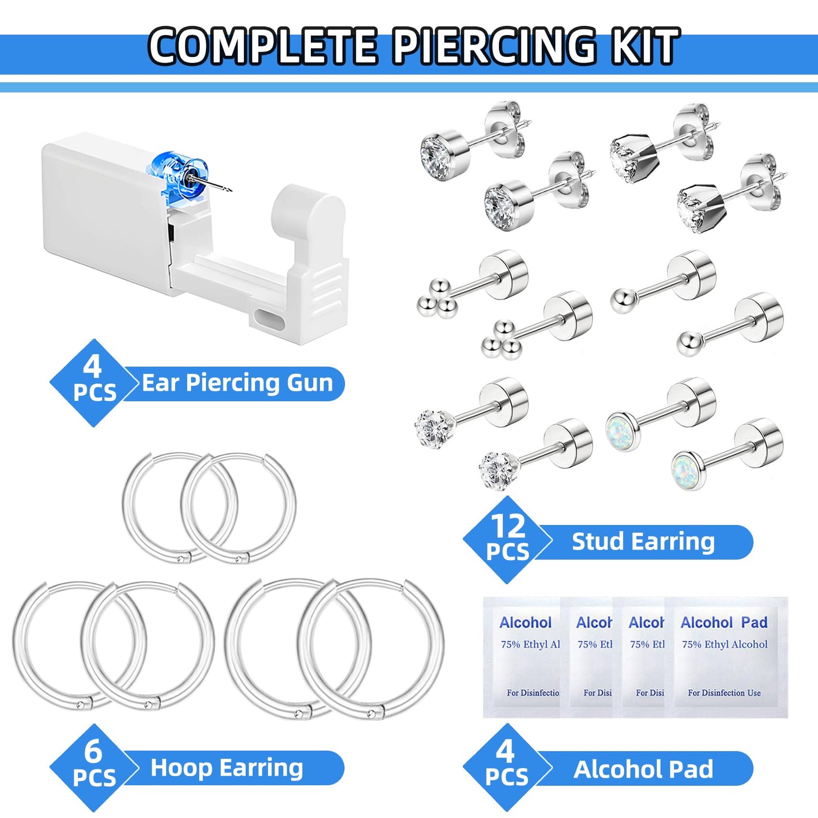 26 Pcs Ear Piercing Kit Ear Disposable Piercing Gun Kit Includes 4 Pcs Self Pier