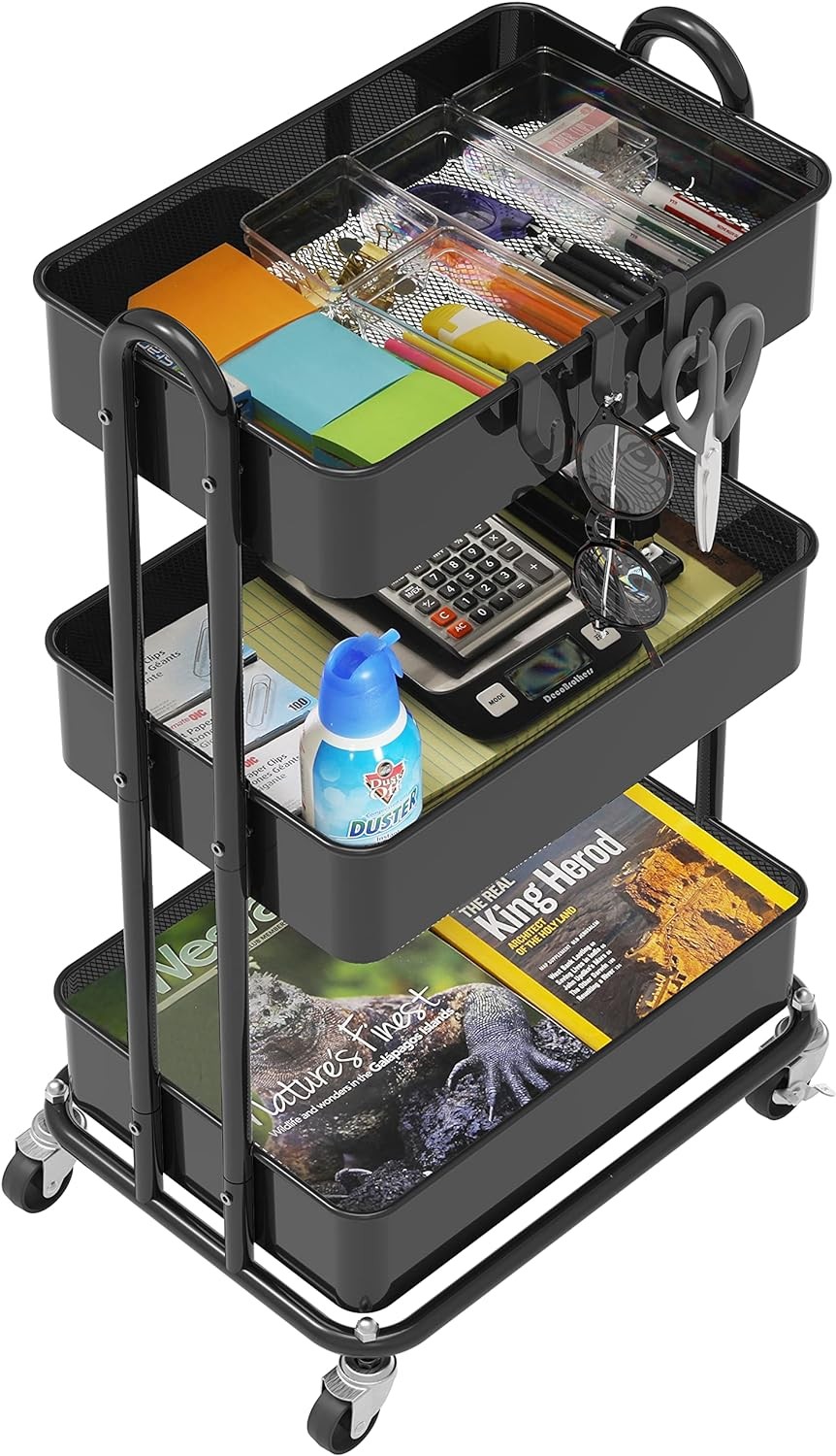 3-Tier Rolling Metal Utility Cart with Locking Wheels Storage Organizer Black
