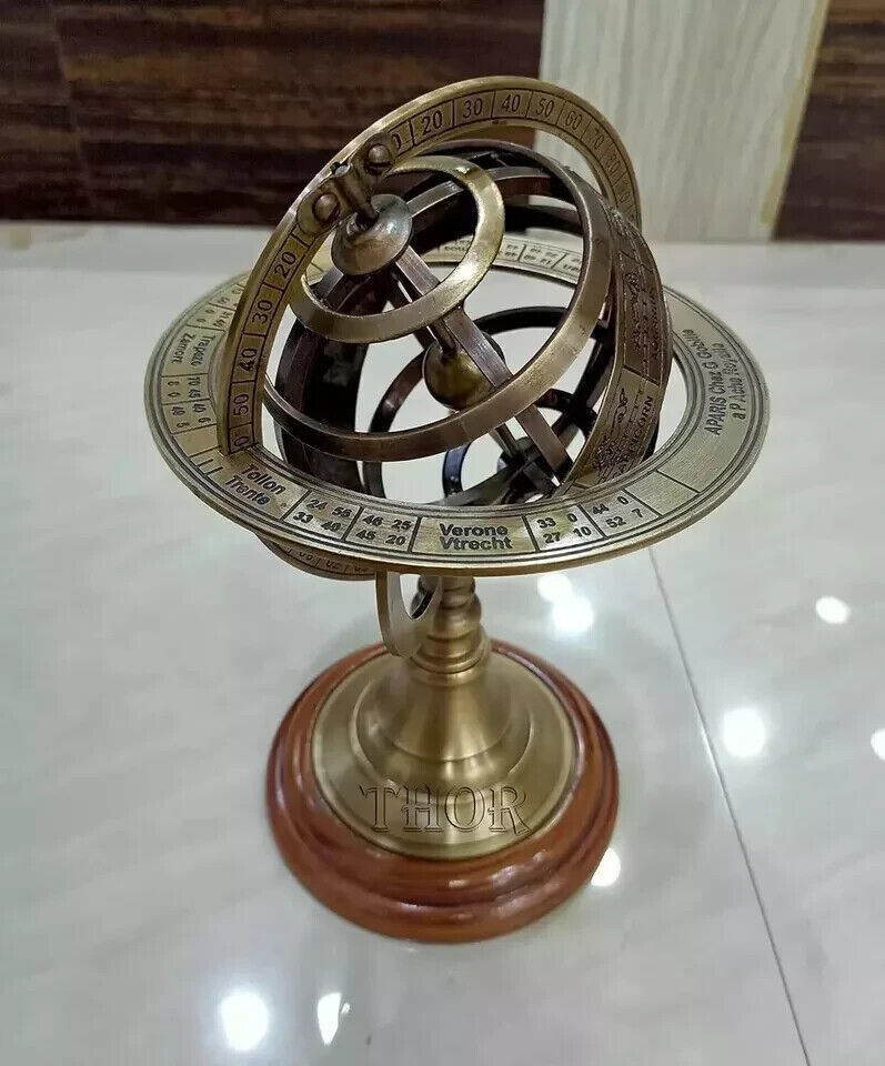 Nautical Sphere World Globe With Base Engraved Brass Tabletop Decor Armillary