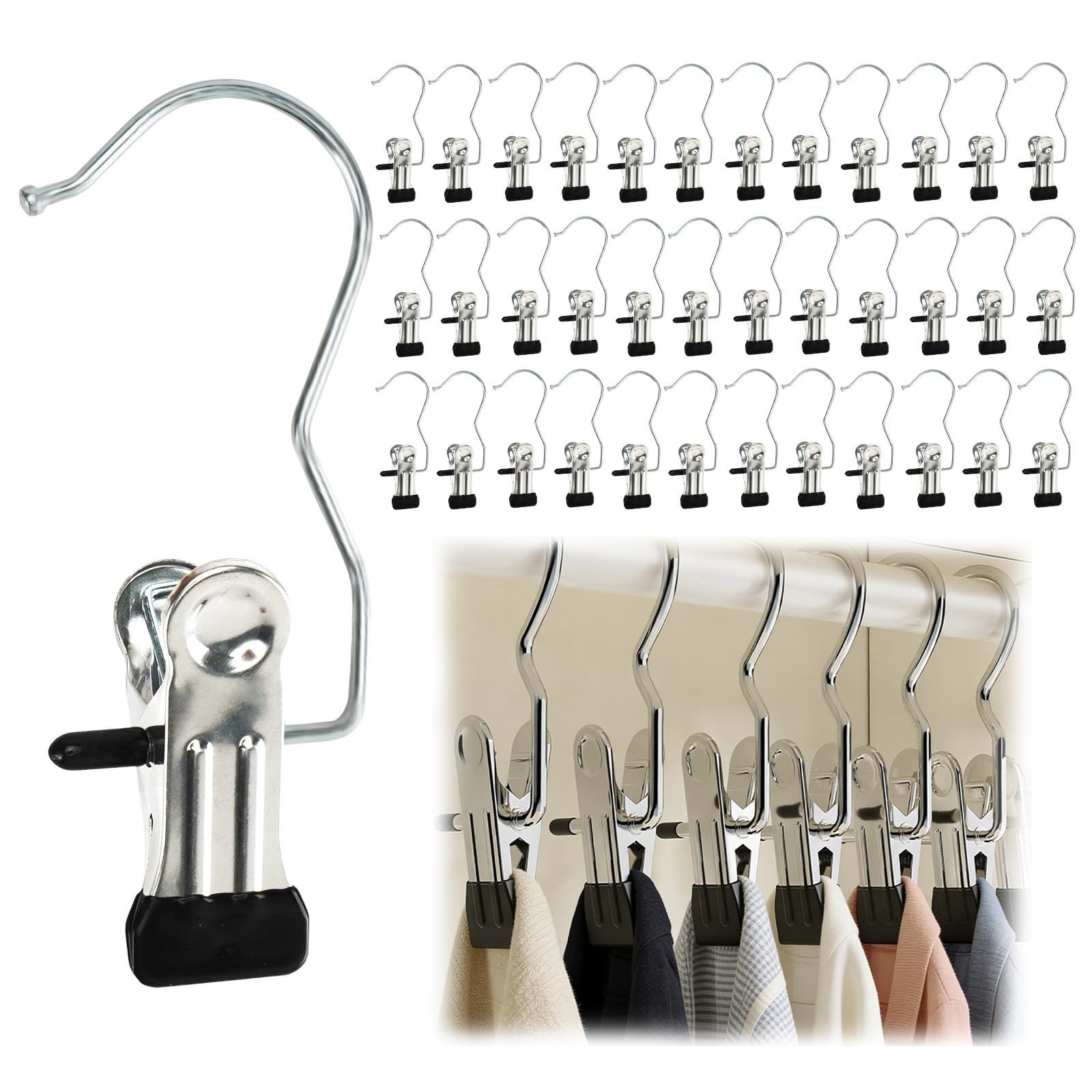 36pcs Hangers Clips, Stainless Steel Closet Hangers Laundry Hanging Hooks, Bo...