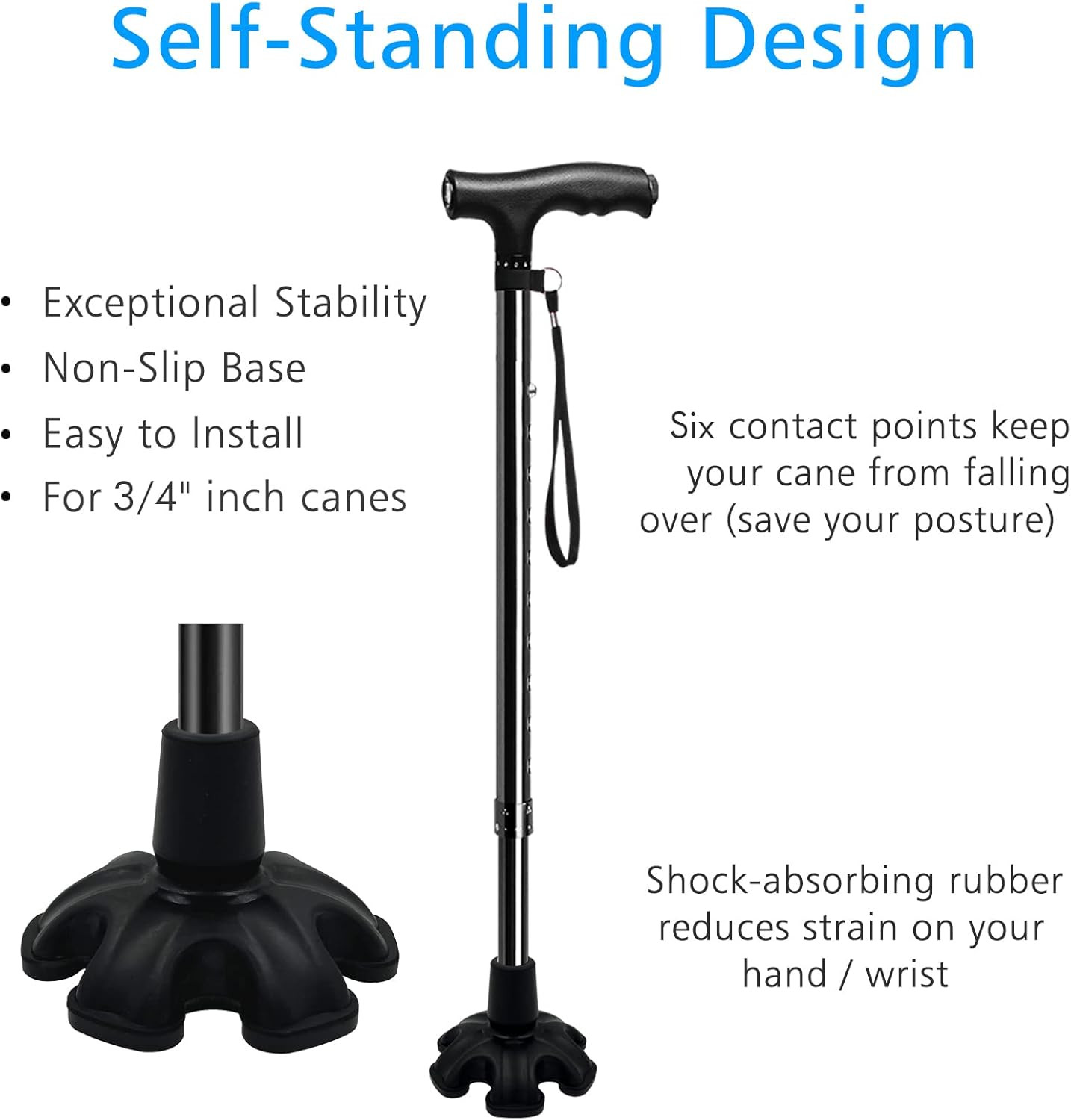 Cane Tips - 3/4 Inch Replacement - Heavy Duty Rubbers Self Standing 6 Support Fe