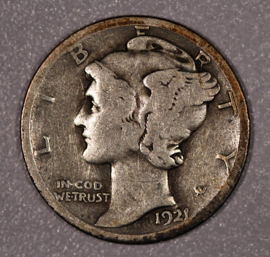 1921-D "Mercury" Silver One-Dime Coin, Very Good