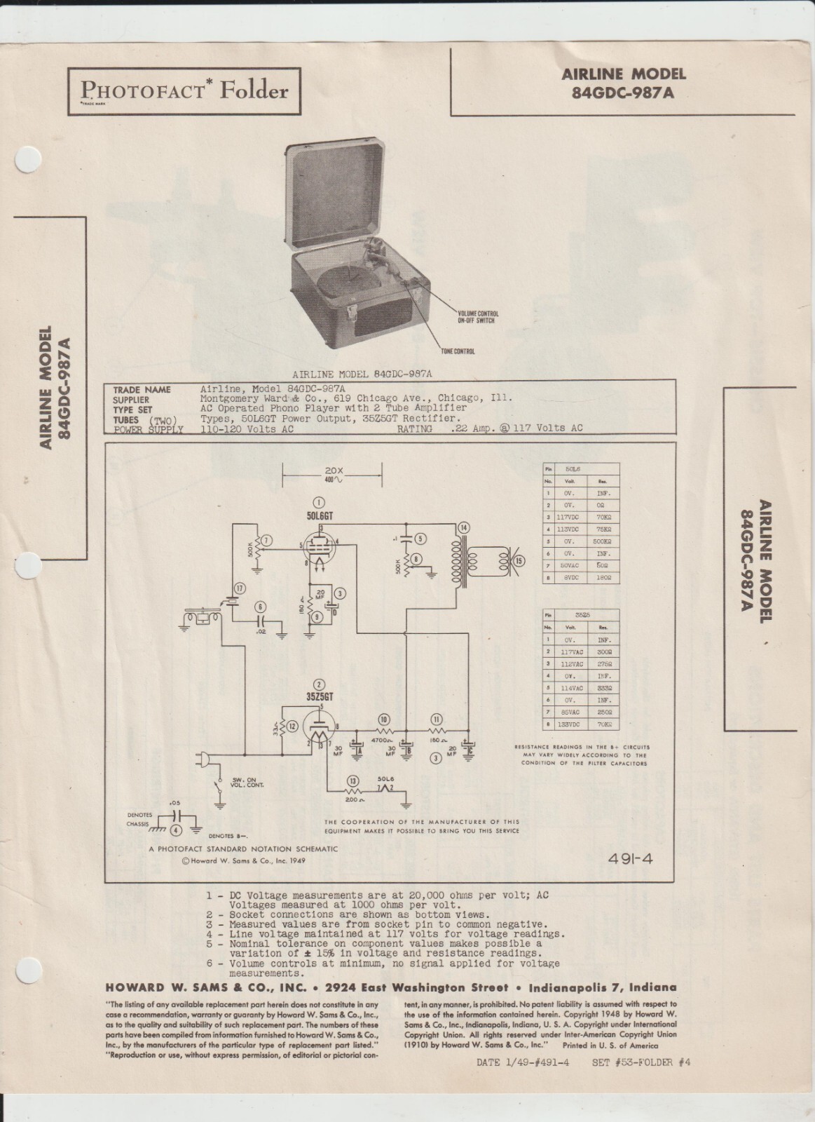 1949 AIRLINE Phonograph Model 84GDC-987A Service Manual SAMS Photofact A4